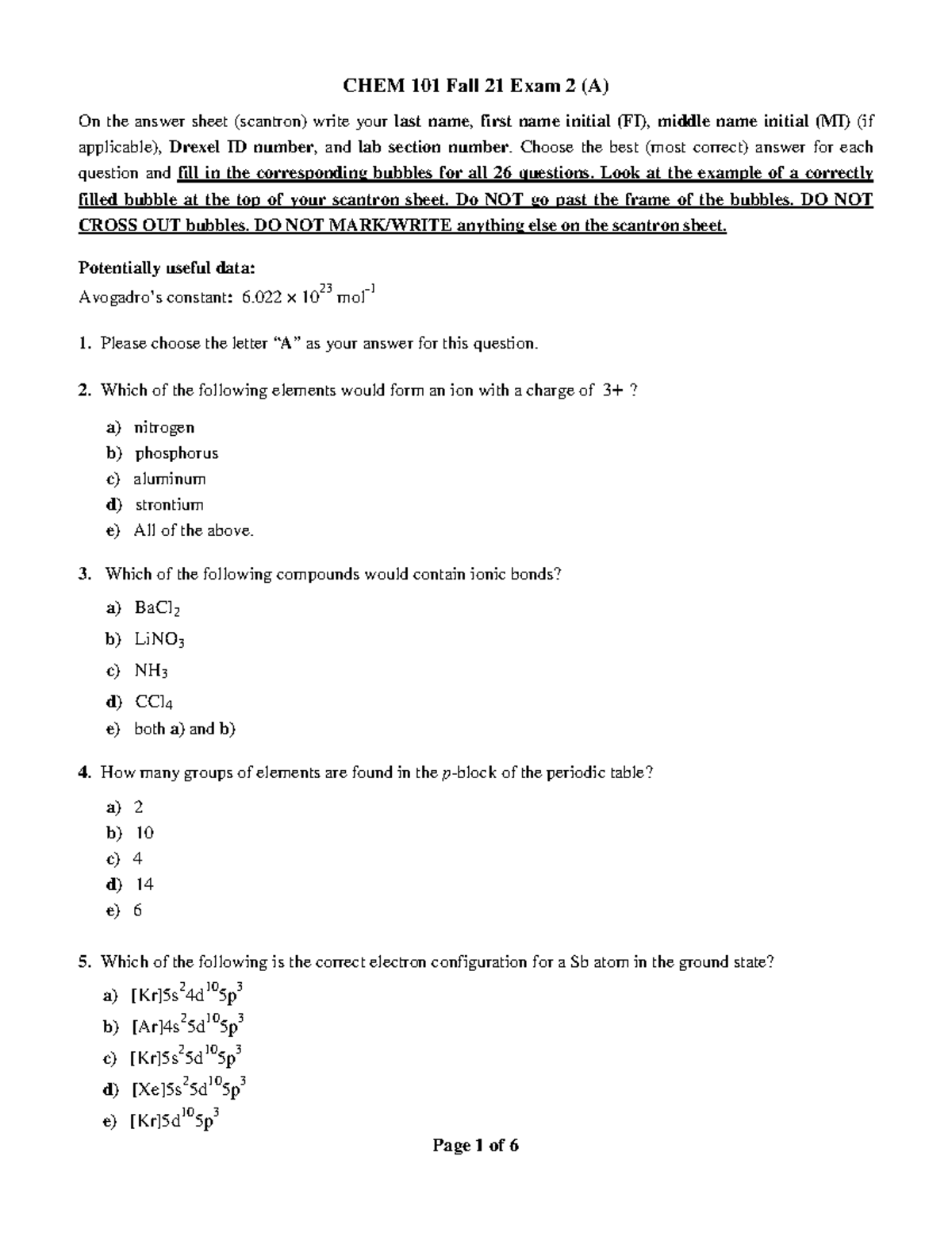 Chem 101 Exam II Fall 2021 - CHEM 101 Fall 21 Exam 2 (A) On The Answer ...