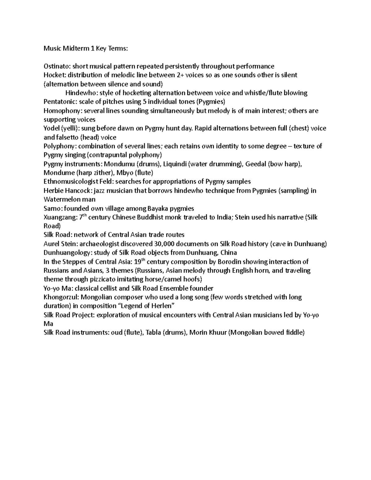 Midterm 1 Key Terms - Music Midterm 1 Key Terms: Ostinato: short ...