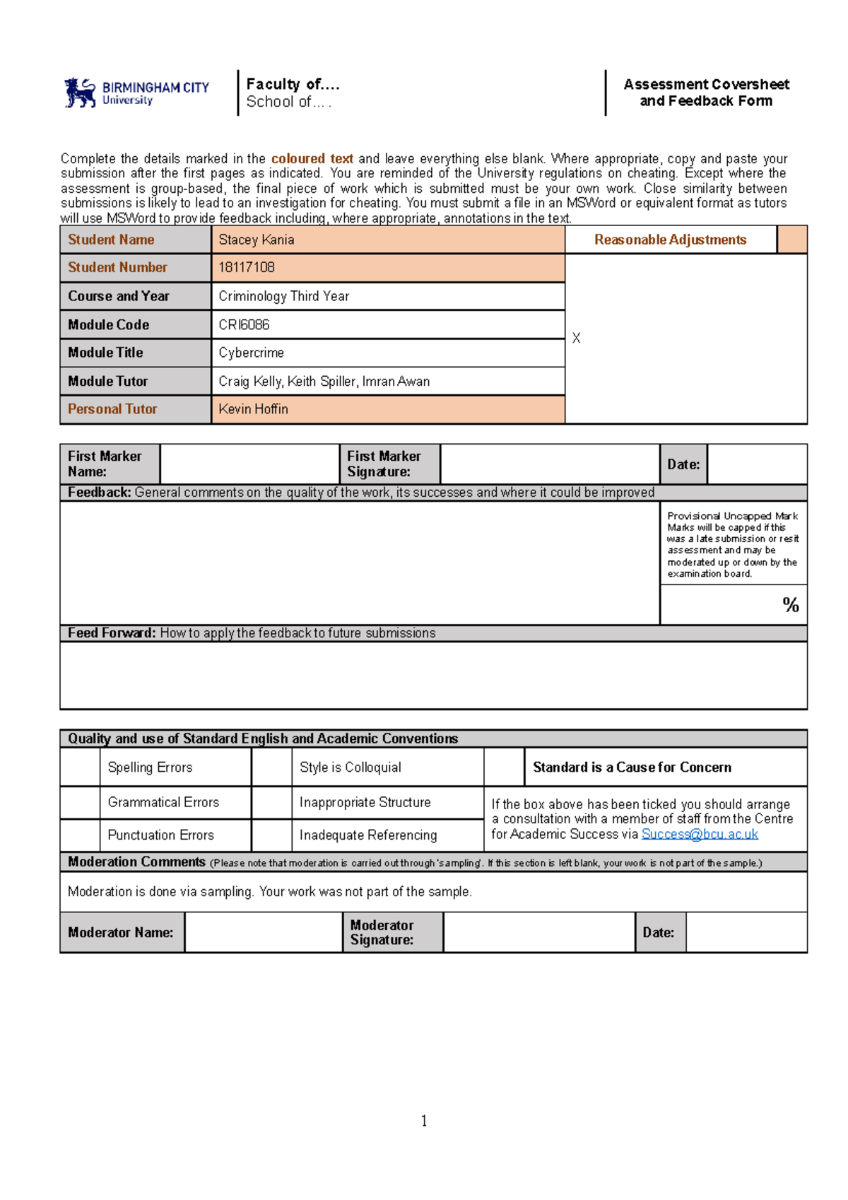 Level 6 Electronic Coversheet v33 - Faculty of.... School of ...