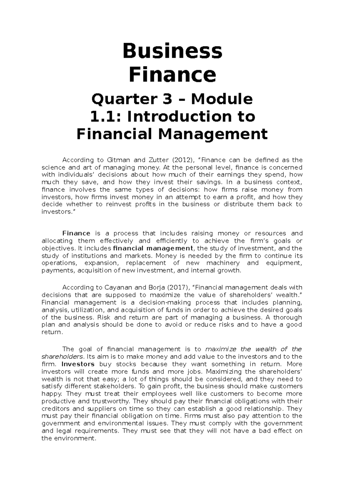 Intro lesson 1 Business Finance - Business Finance Quarter 3 – Module 1 ...