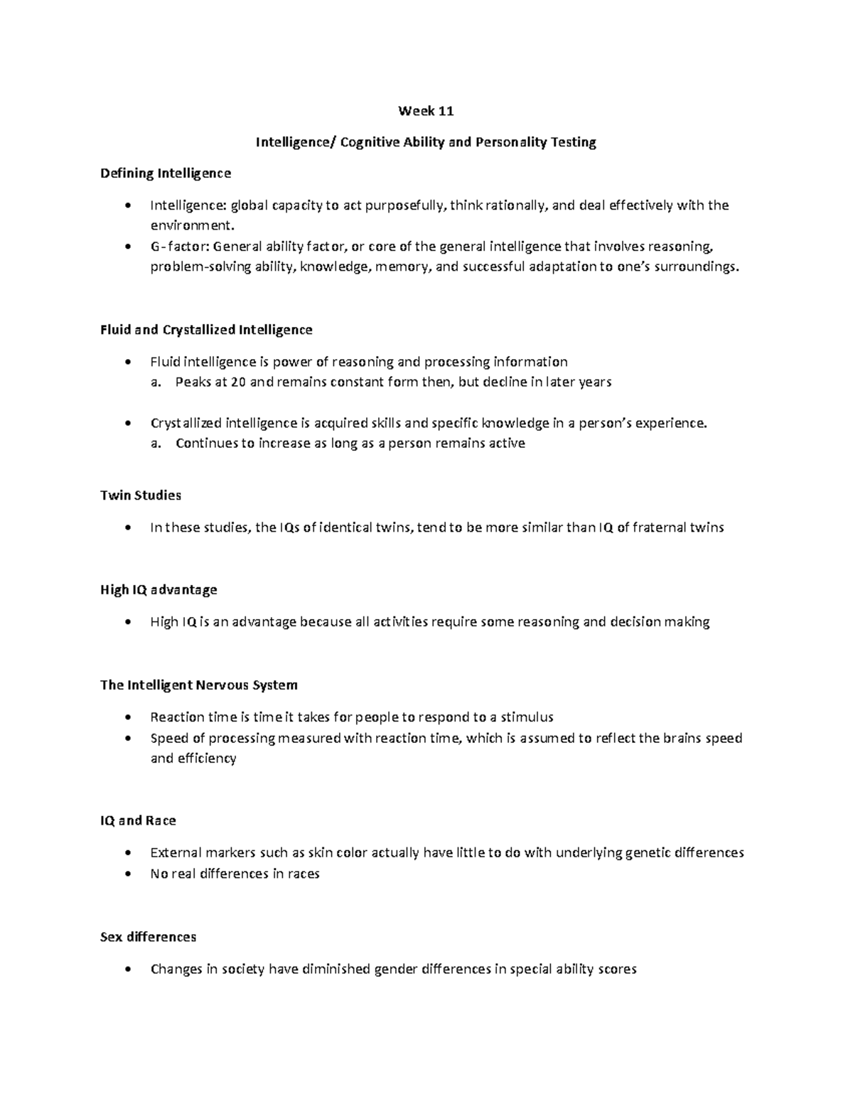 Personnel Psychology notes 2 - Week 11 Intelligence/ Cognitive Ability ...