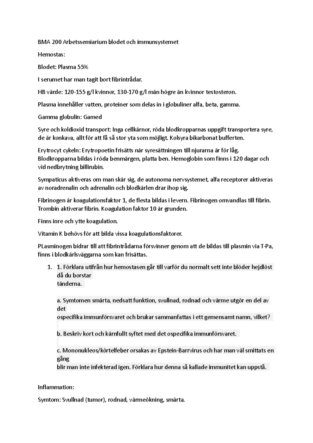BMA 200 arbetsseminarium immunförsvaret och blodet BMA200 Studocu