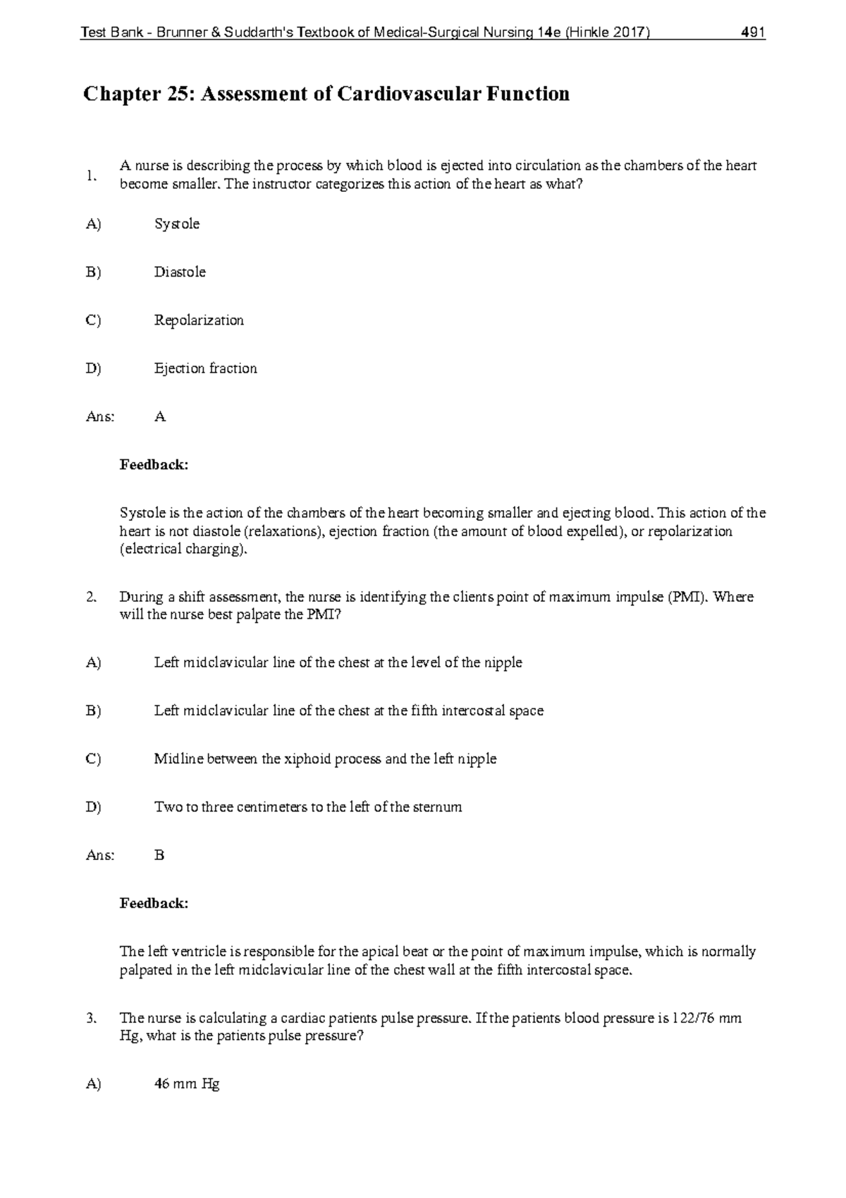 Ch 25 - Test Bank - Chapter 25: Assessment Of Cardiovascular Function A ...