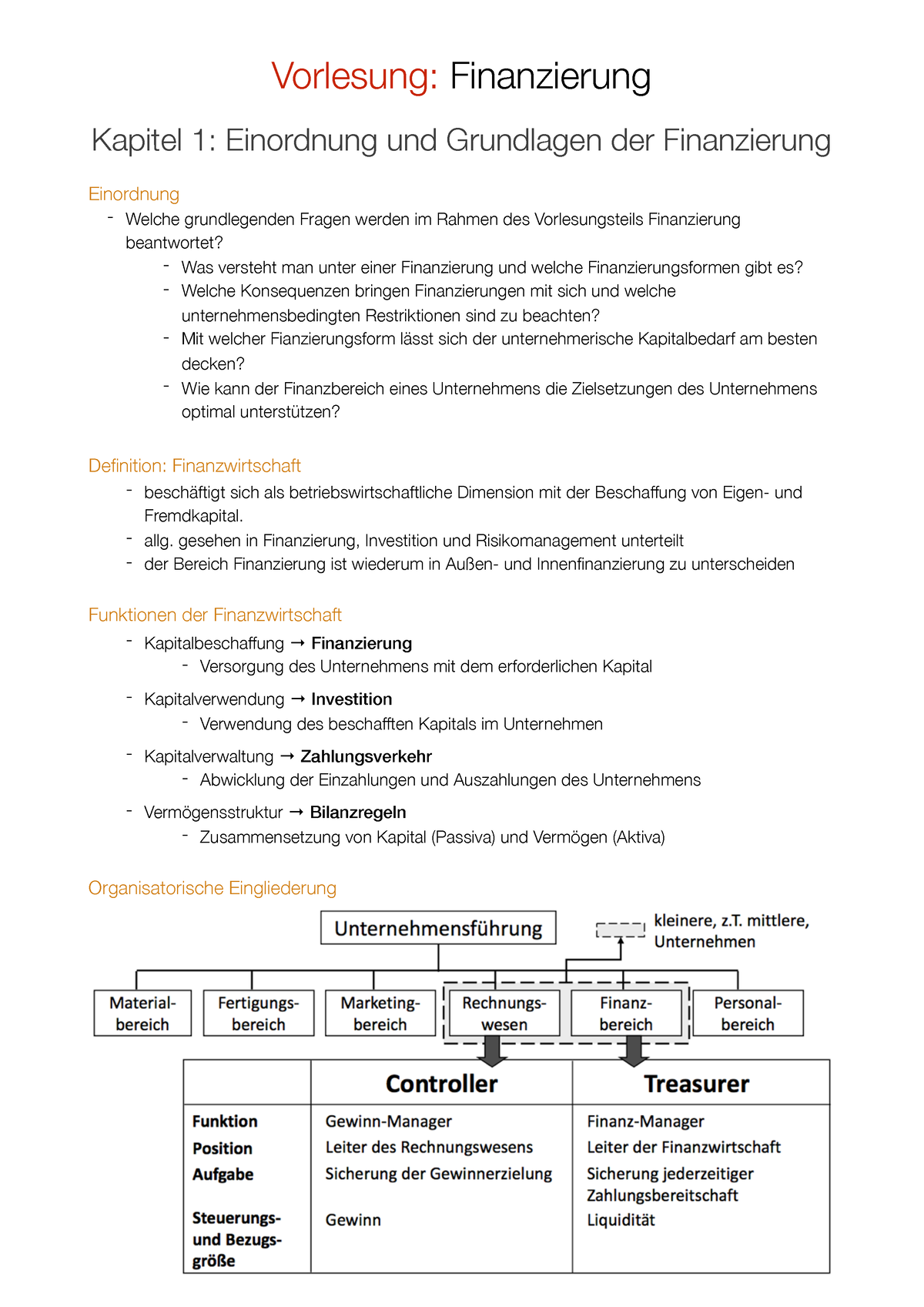 Finanzierung Zusammenfassung - Vorlesung: Finanzierung Kapitel 1 ...