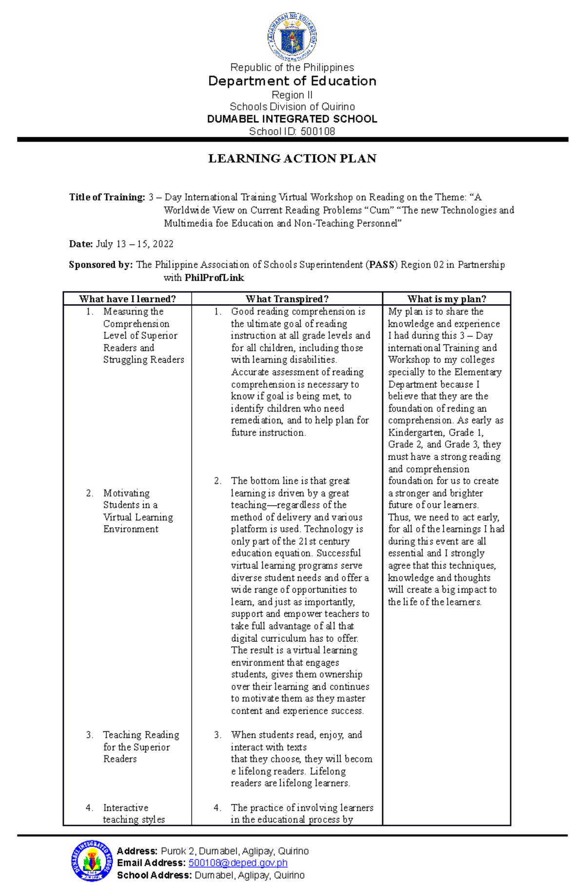 Learning Action PLAN - Republic of the Philippines Department of ...