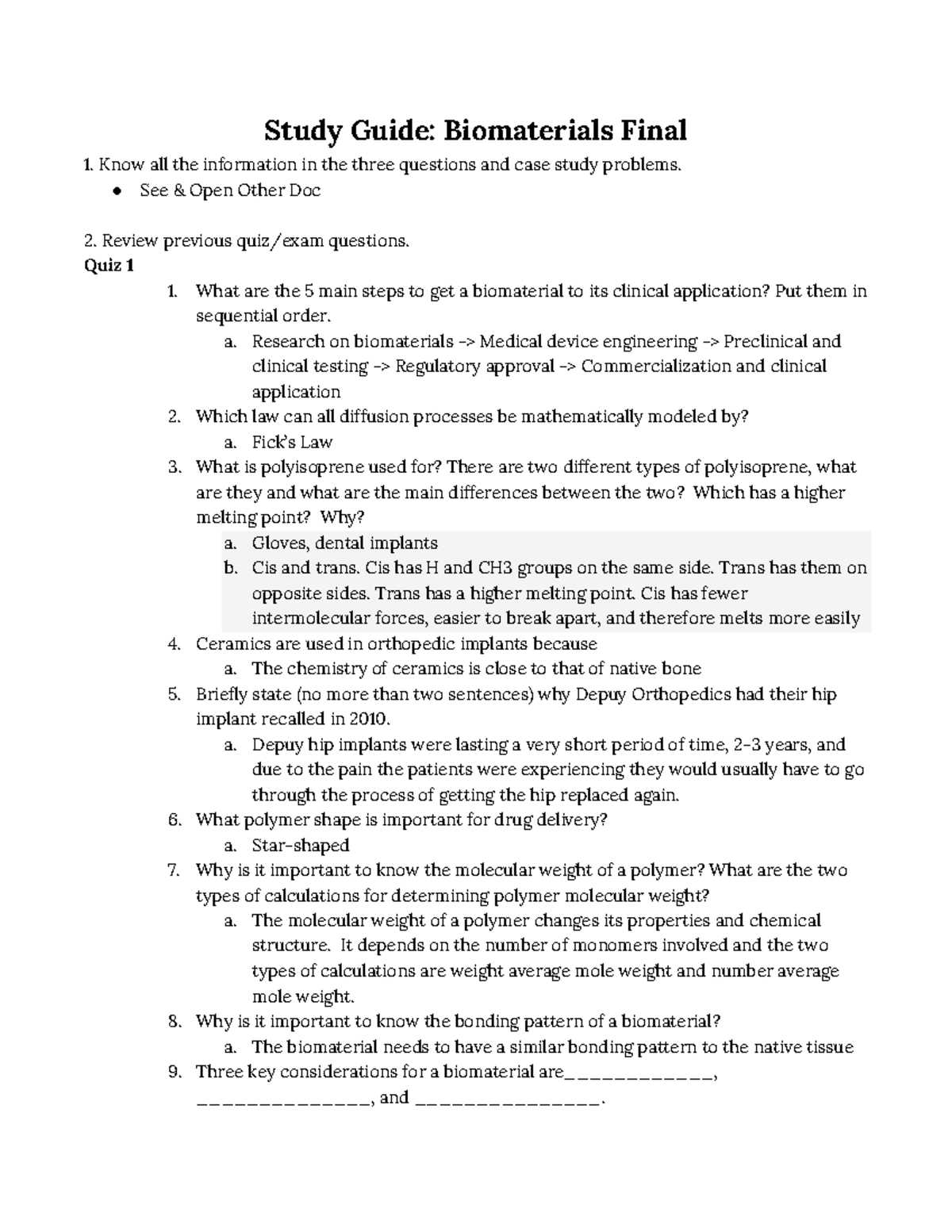 Final Study Guide Study Guide Biomaterials Final Know all the