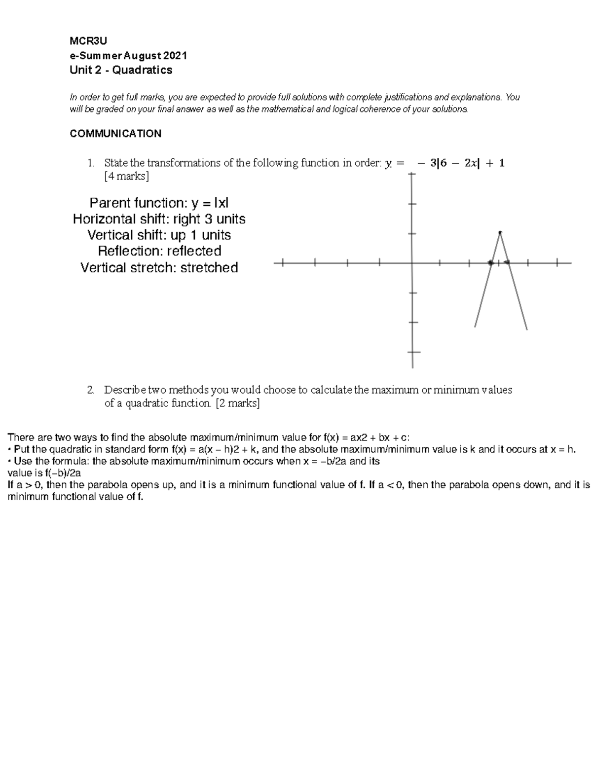 MCR3U - Unit 2 (Communication) - MCR3U e-Summer August 2021 Unit 2 ...