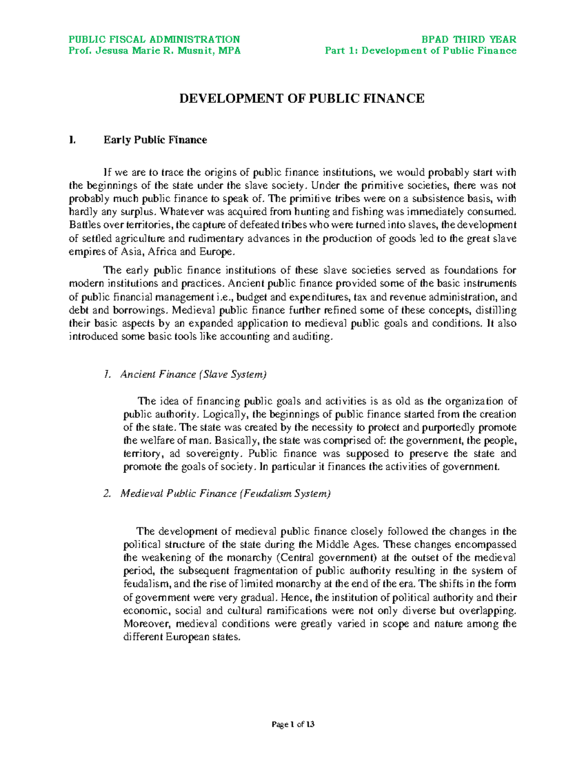 (PFM) Part 1 Development of Public Finance Prof. Jesusa Marie R