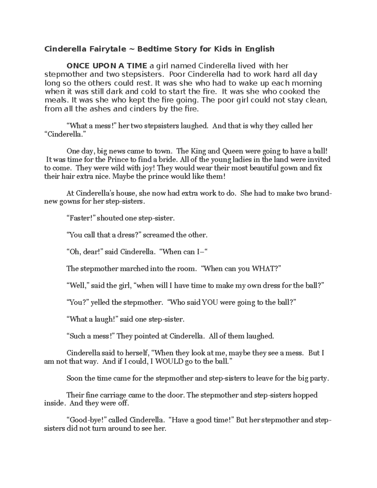 Cinderella Fairytale sample short story Cinderella Fairytale Bedtime Story for Kids in