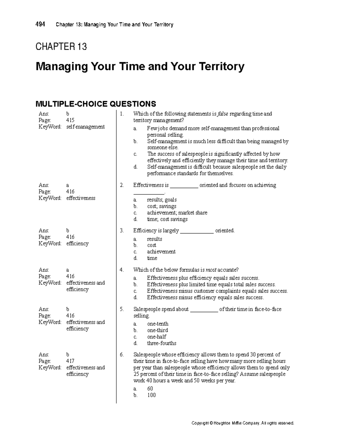 Test Bank For Ch13 - CHAPTER 13 Managing Your Time And Your Territory ...