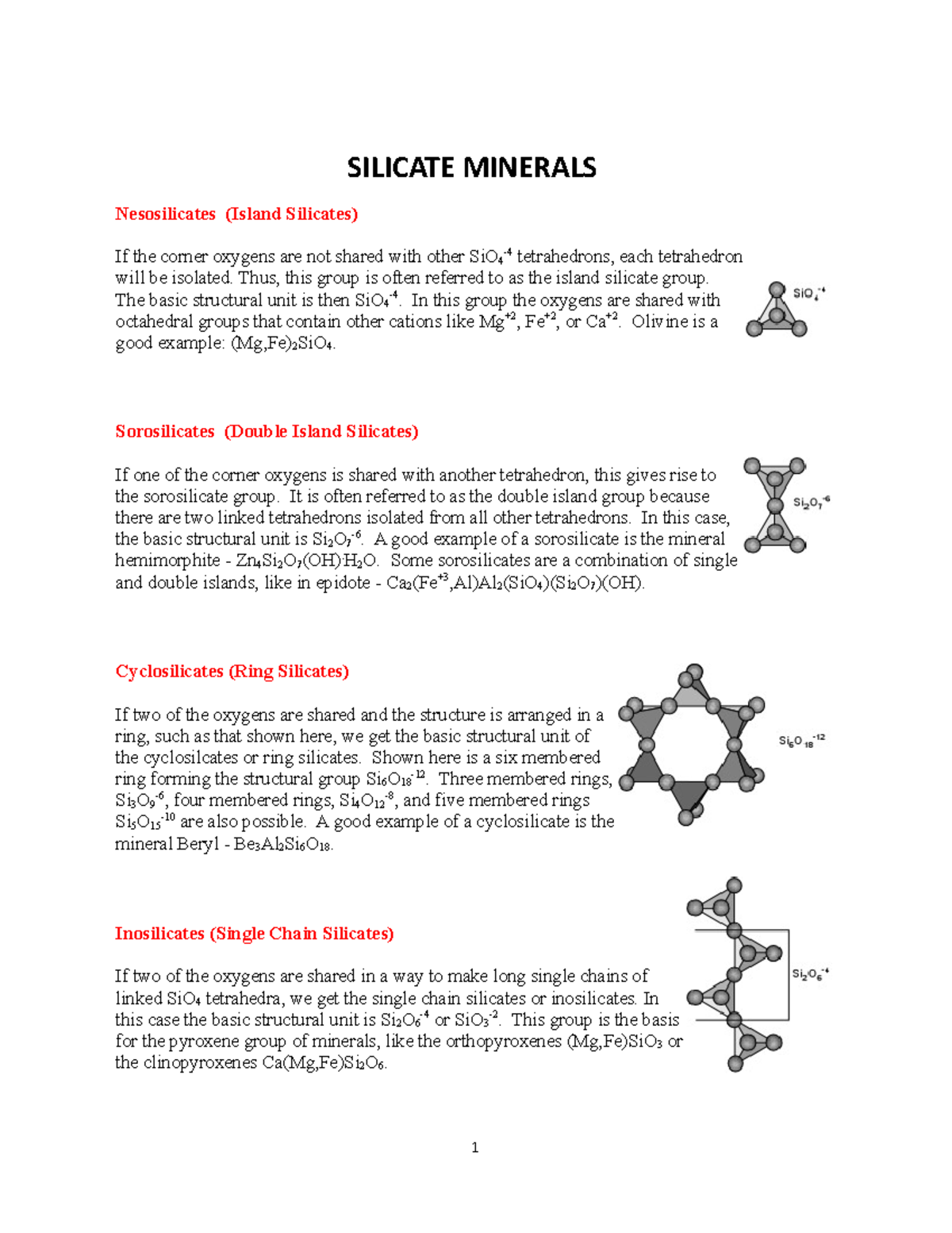 Lecture Notes 5 Module 1 SILICATE MINERALS Nesosilicates (Island Silicates) If the corner