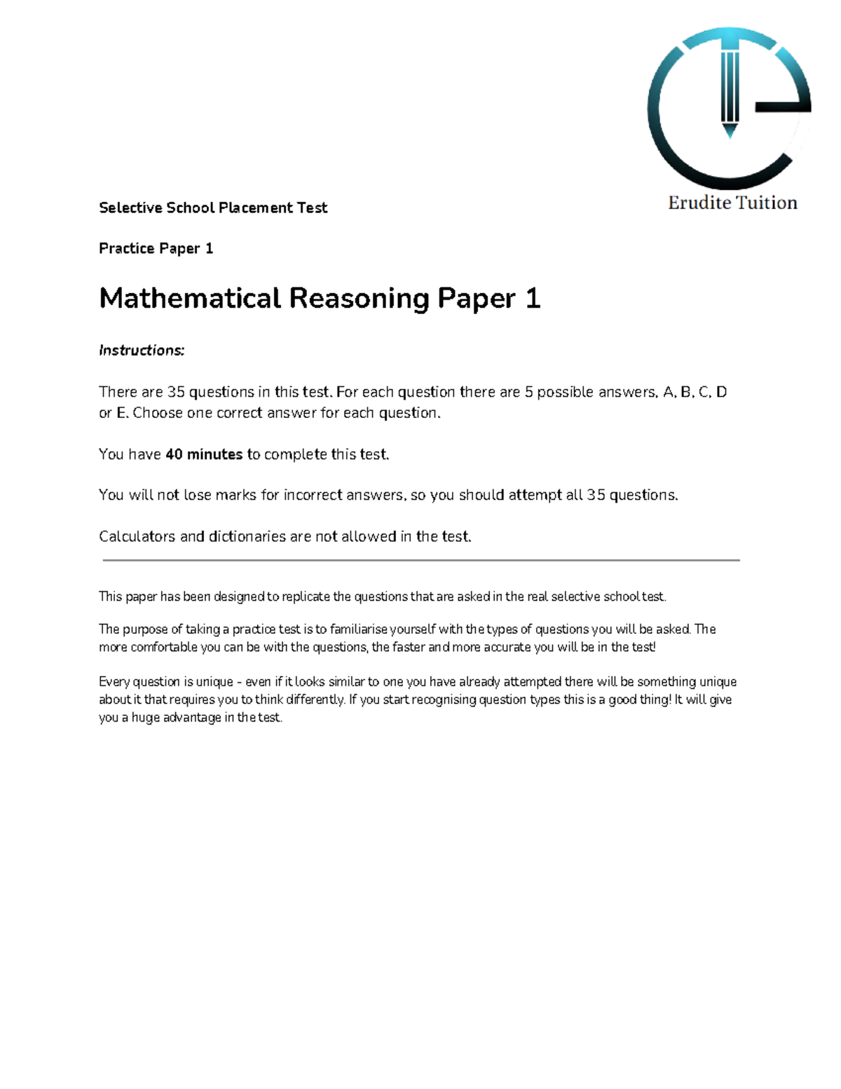 Mathematics Selective Sample Test 1 - Selective School Placement Test ...