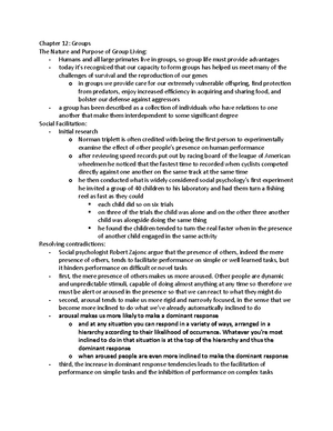 Part 2 textbook social psych notes - Chapter 12: Groups The Nature and ...