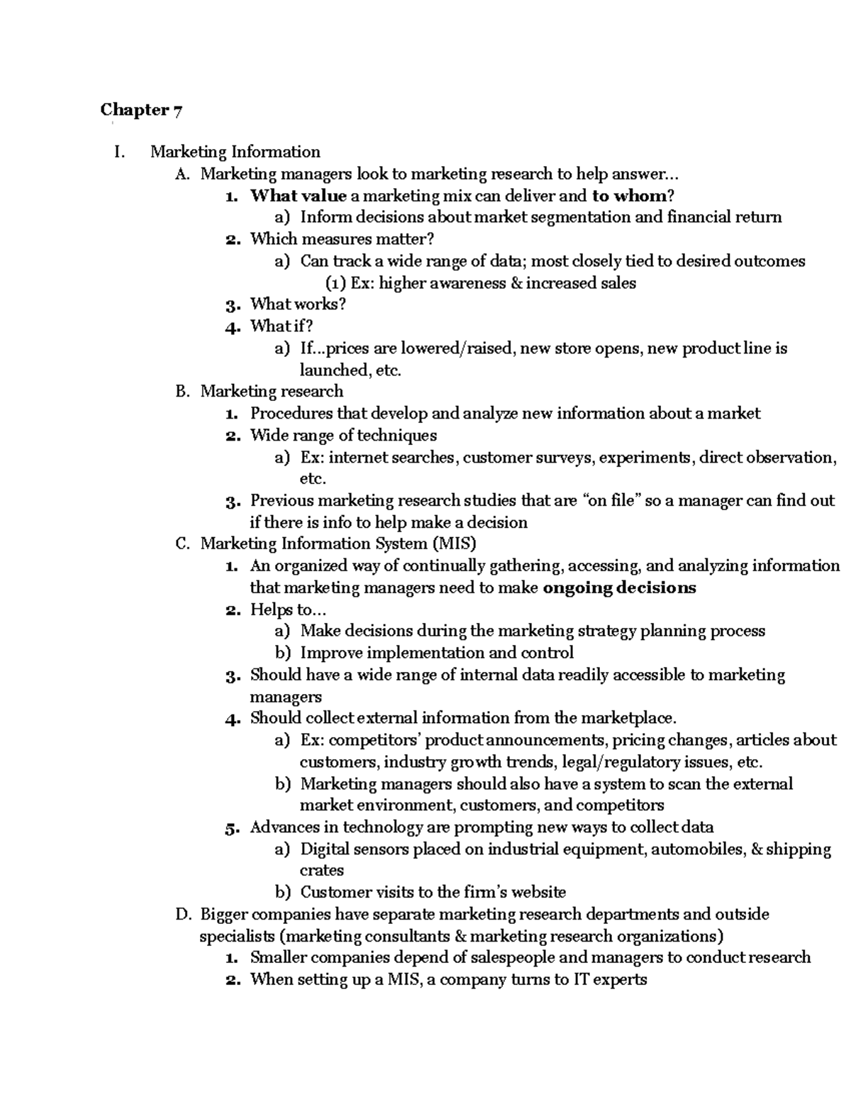 Marketing 300 Chapter 7 - Chapter 7 I. Marketing Information A ...