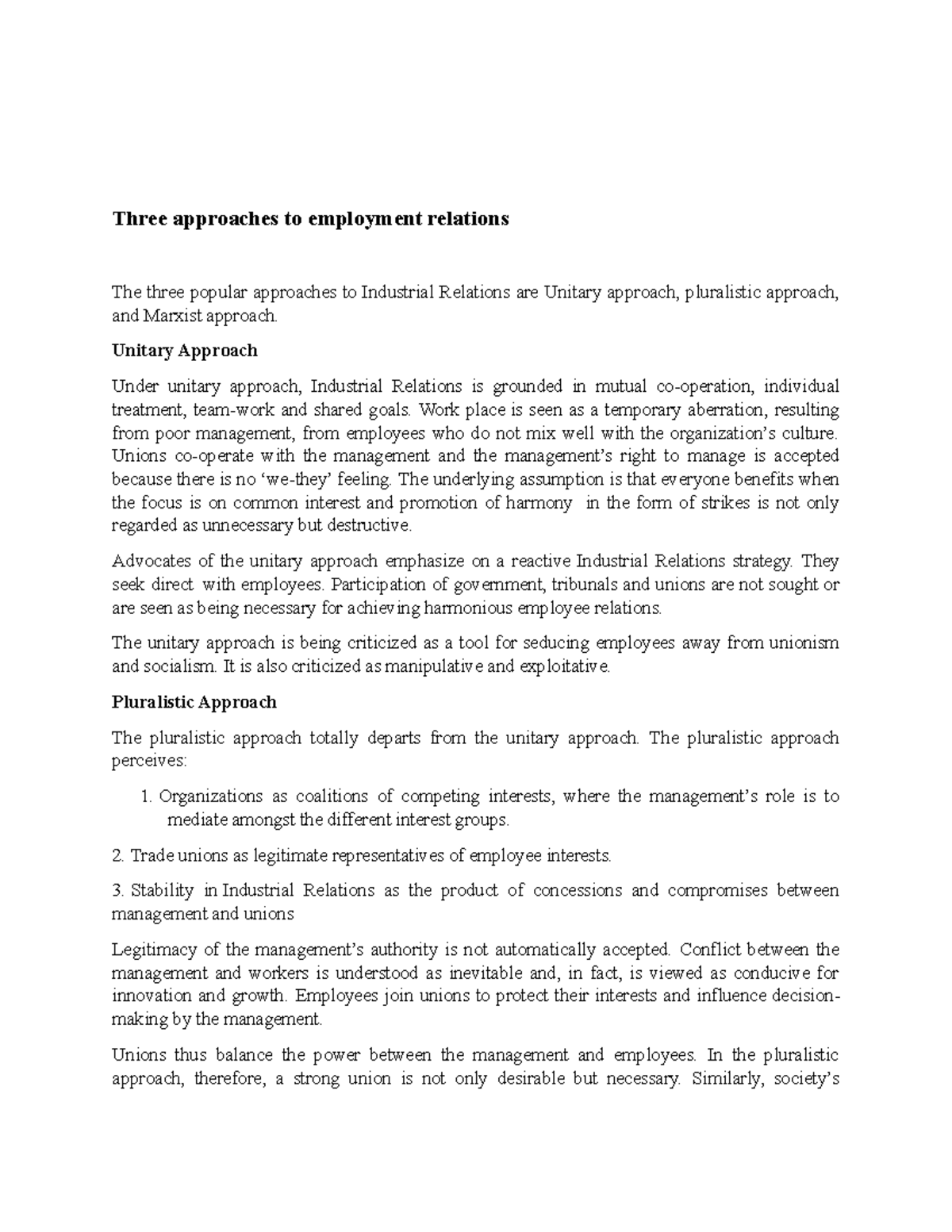 Three approaches to employment relations Introduction to Business and