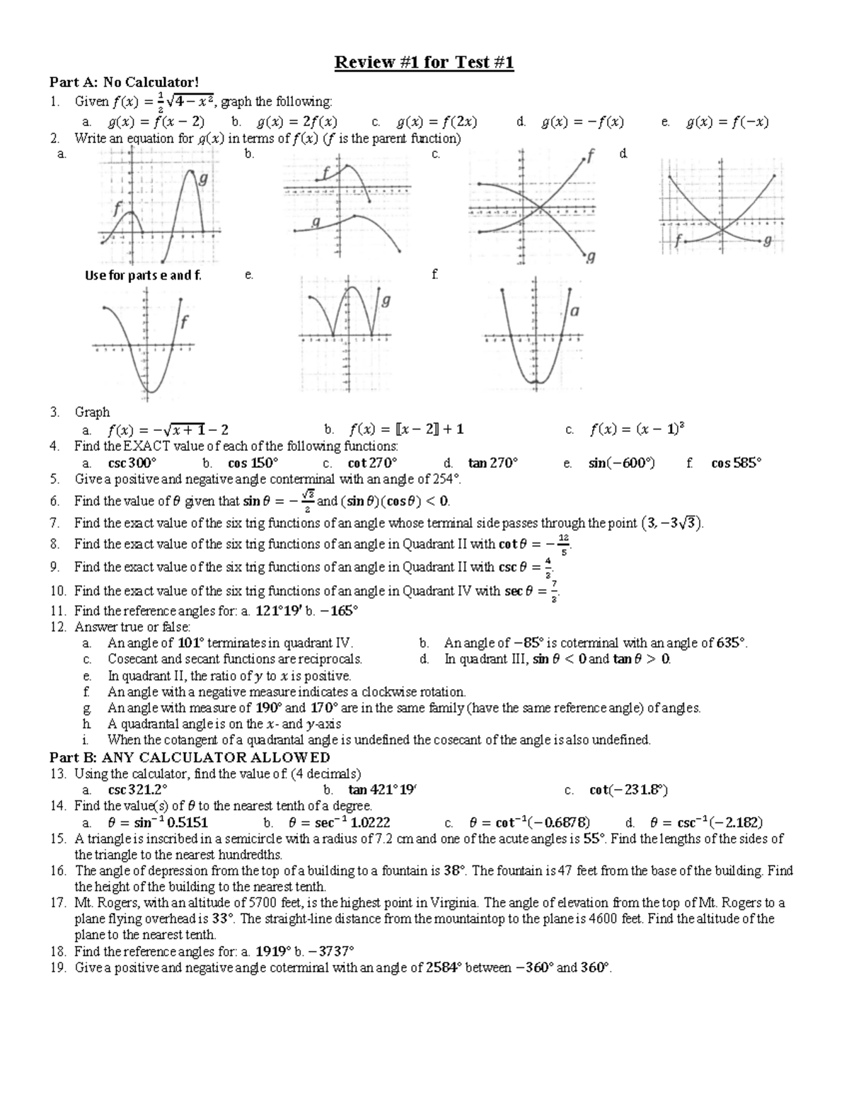 Packet - Unit 5 - Review #1 for Test Part A: No Calculator! Given ݂ ...