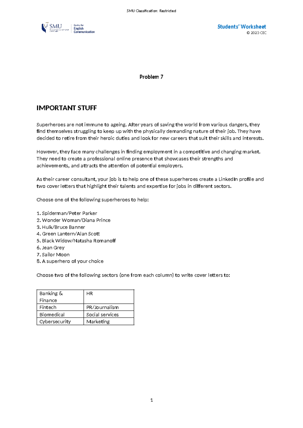 Problem 7 Students' Worksheet - SMU Classification: Restricted Students ...