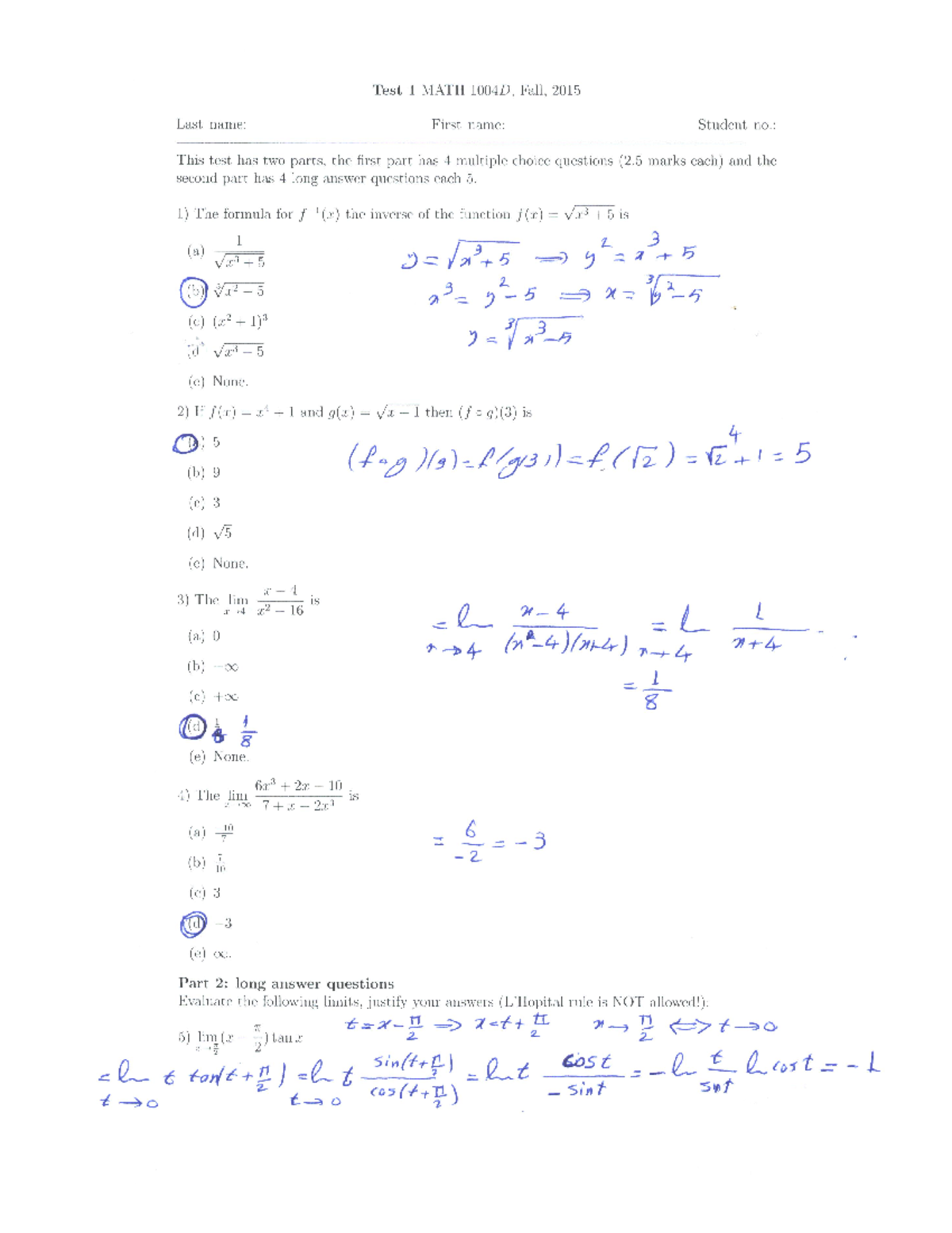 Sample/practice exam 2015, questions and answers - part 1 - Test 1 MATH ...