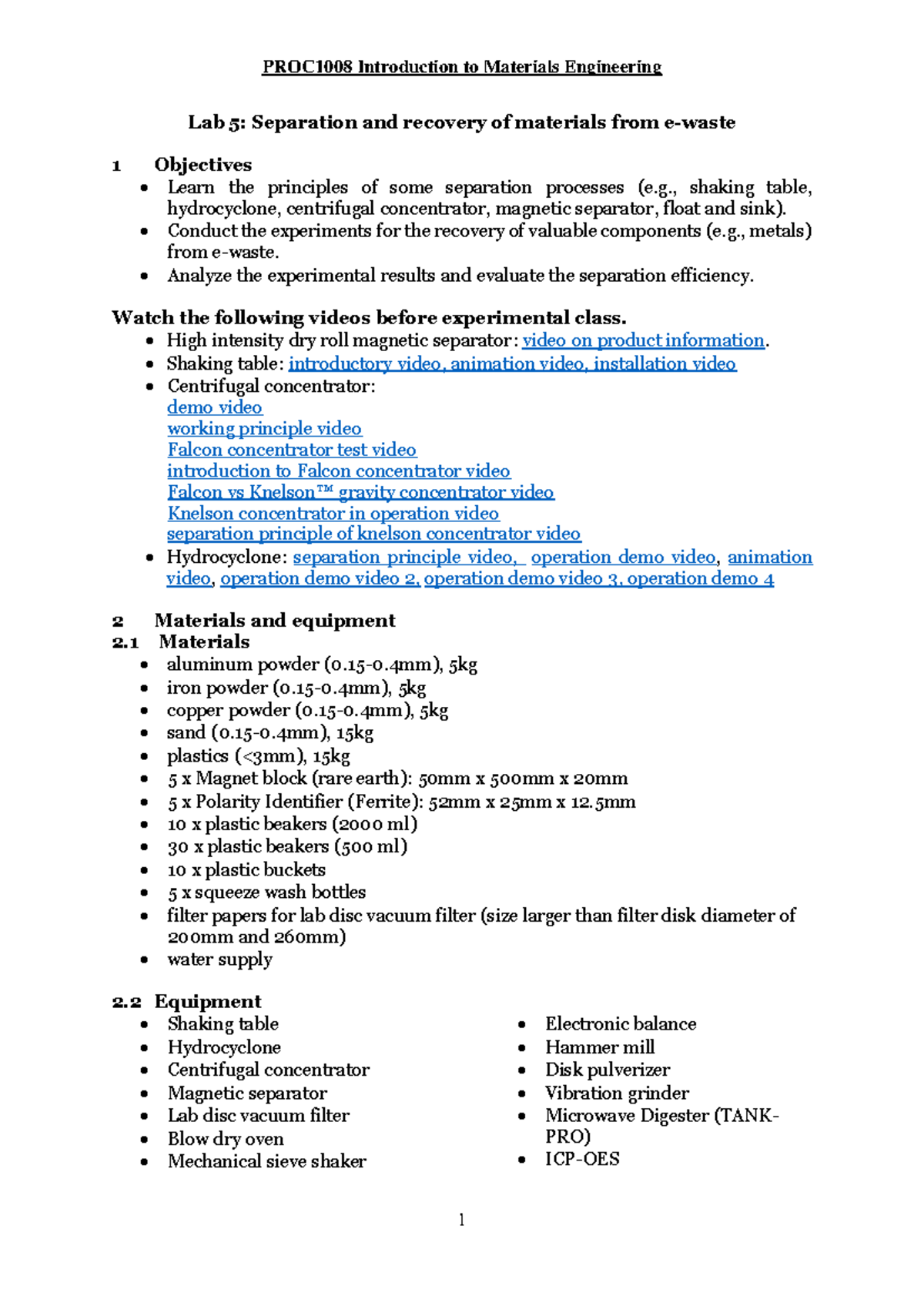 PROC1008 IME Lab 5 materials separation and recovery - revision - Lab 5 ...