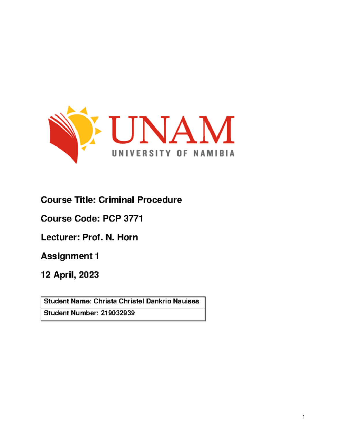 Criminal Procedure Ass 1 Course Title Criminal Procedure Course Code