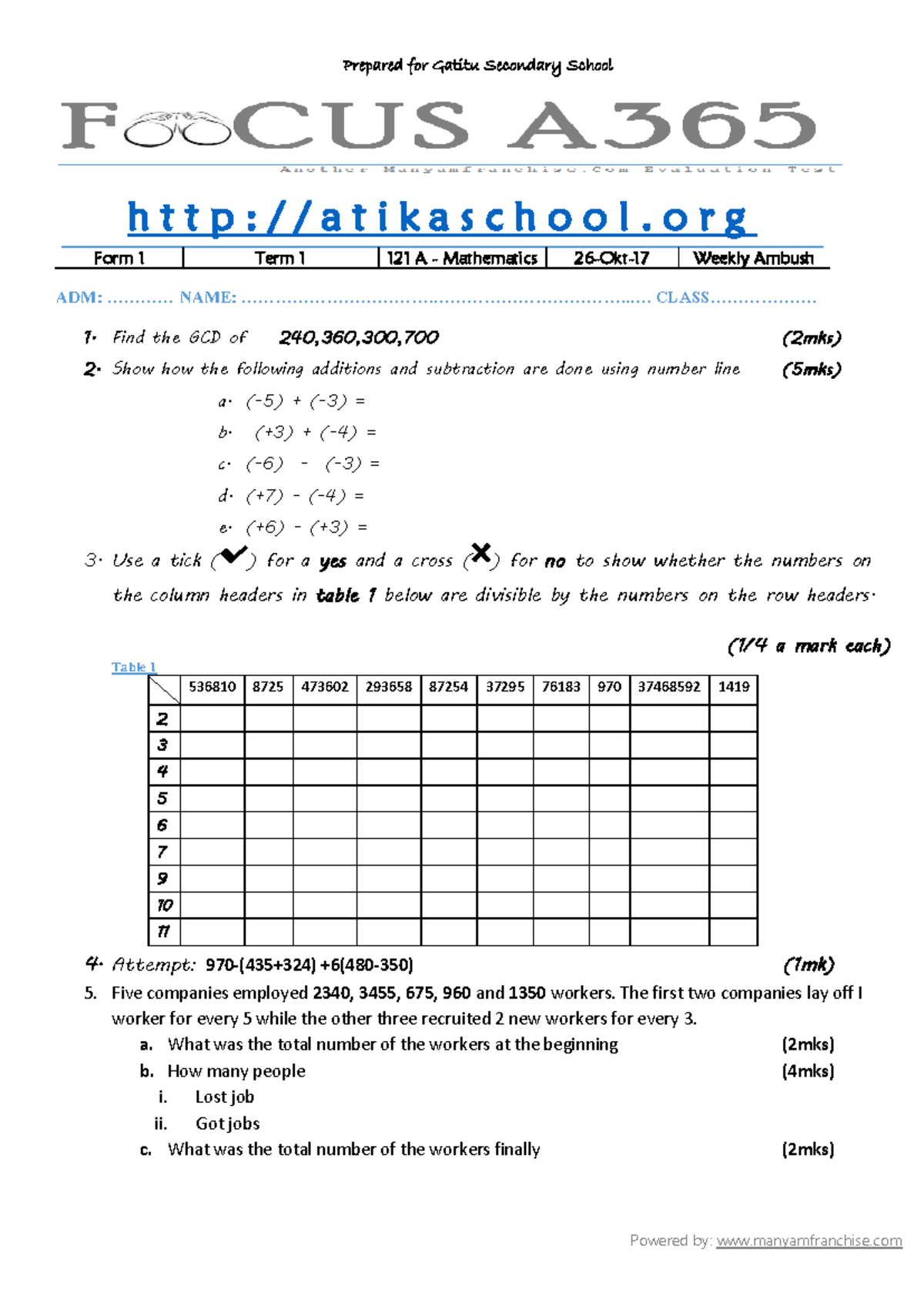 Mathematics form 1 term 1-001 - Prepared for Gatitu Secondary School ...