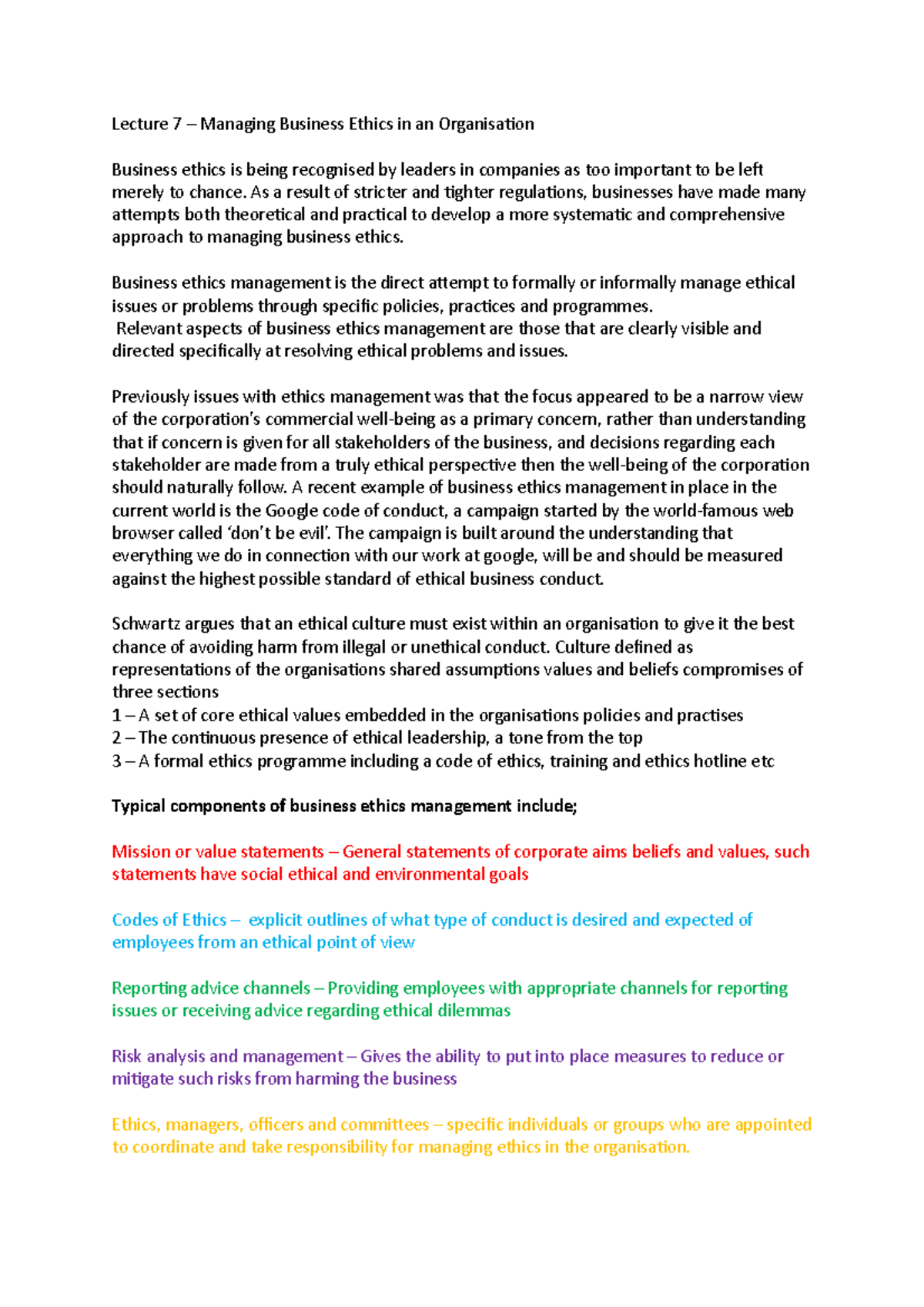 Lecture 7 – Managing Business Ethics in an Organisation Notes - Lecture ...