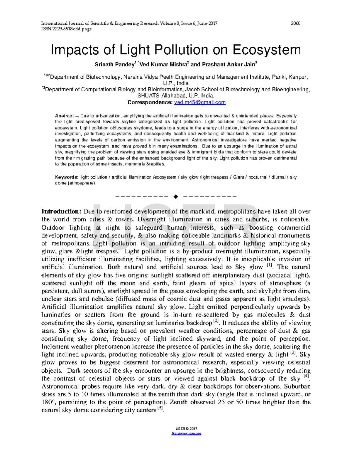 Impacts of Light Pollution on Ecosystem - ISSN 2229-5518odd page IJSER ...