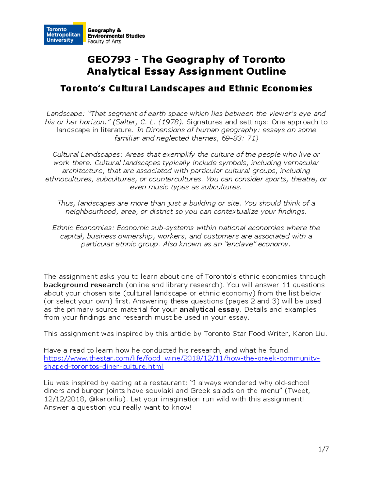 GEO793 Assignment Outline - GEO 793 - The Geography of Toronto ...