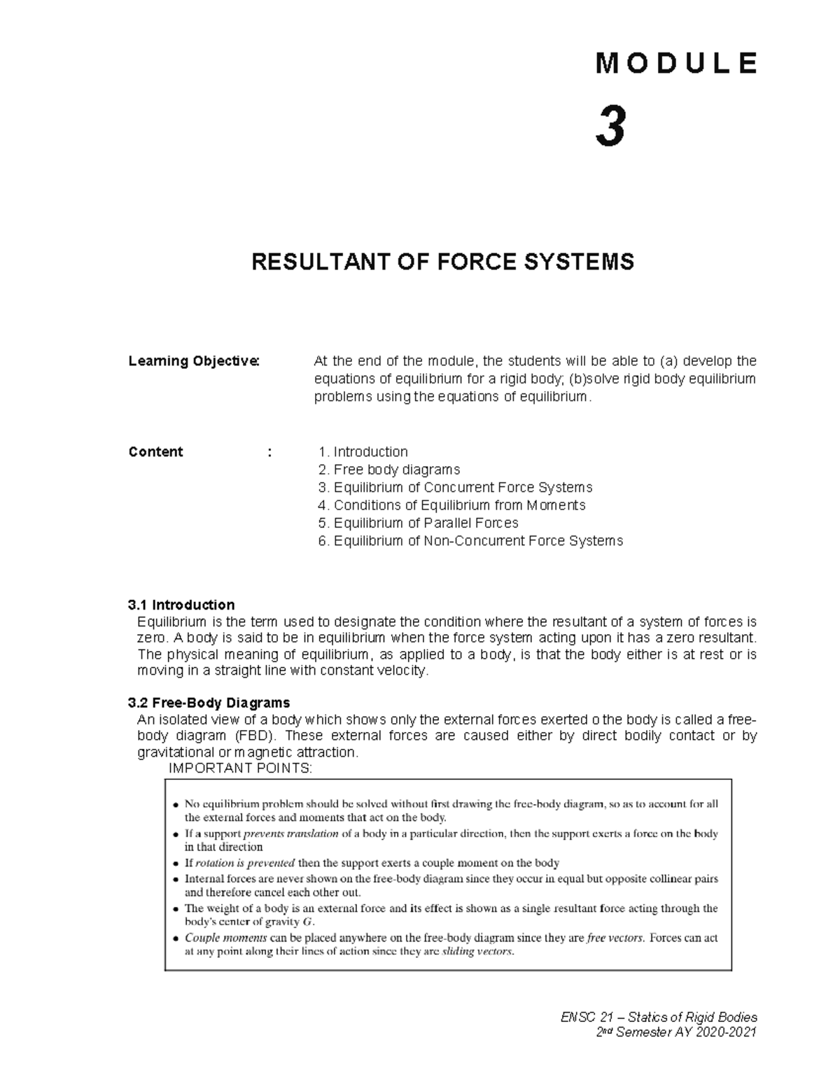 003 - Module for Equilibrium of Force Systems - ENSC 21 – Statics of ...