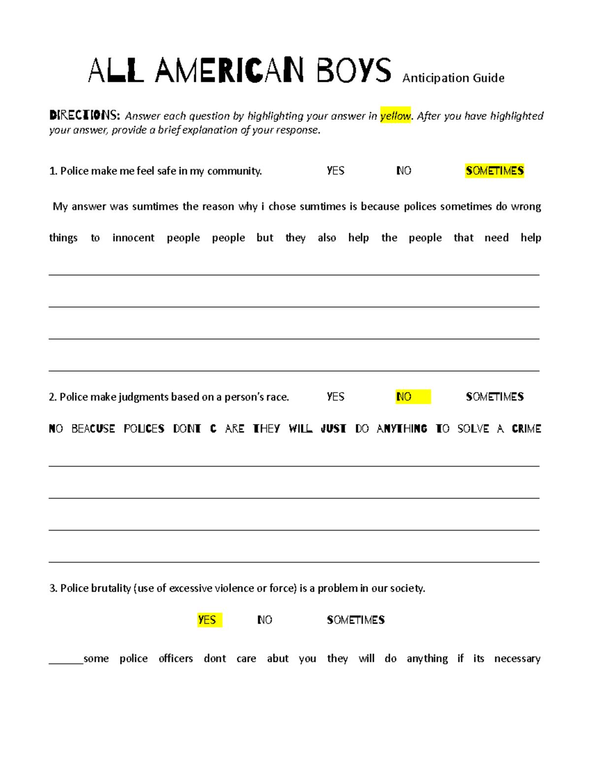 Surprin Copy Of English 9 - All American Boys Anticipation Guide - All 