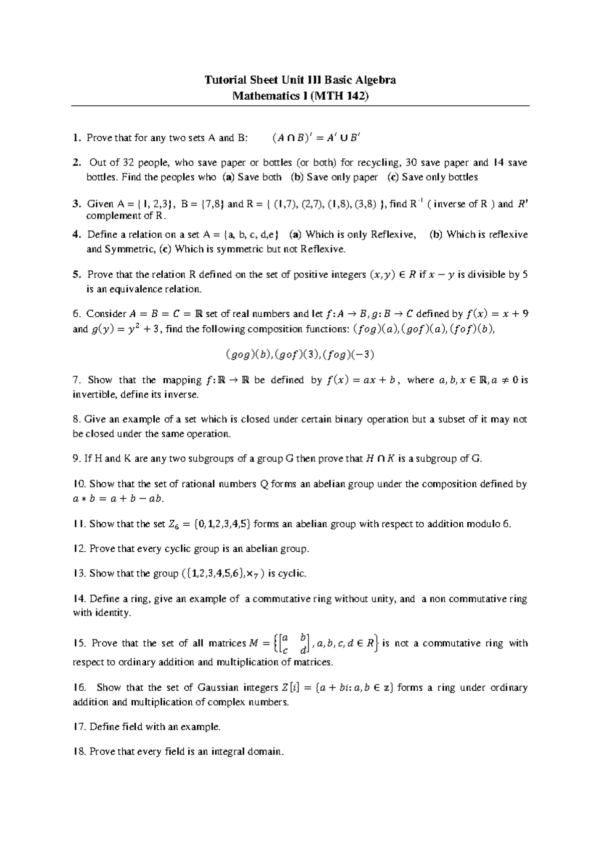 Assignment (Unit-III) MTH 142 - Tutorial Sheet Unit III Basic Algebra ...