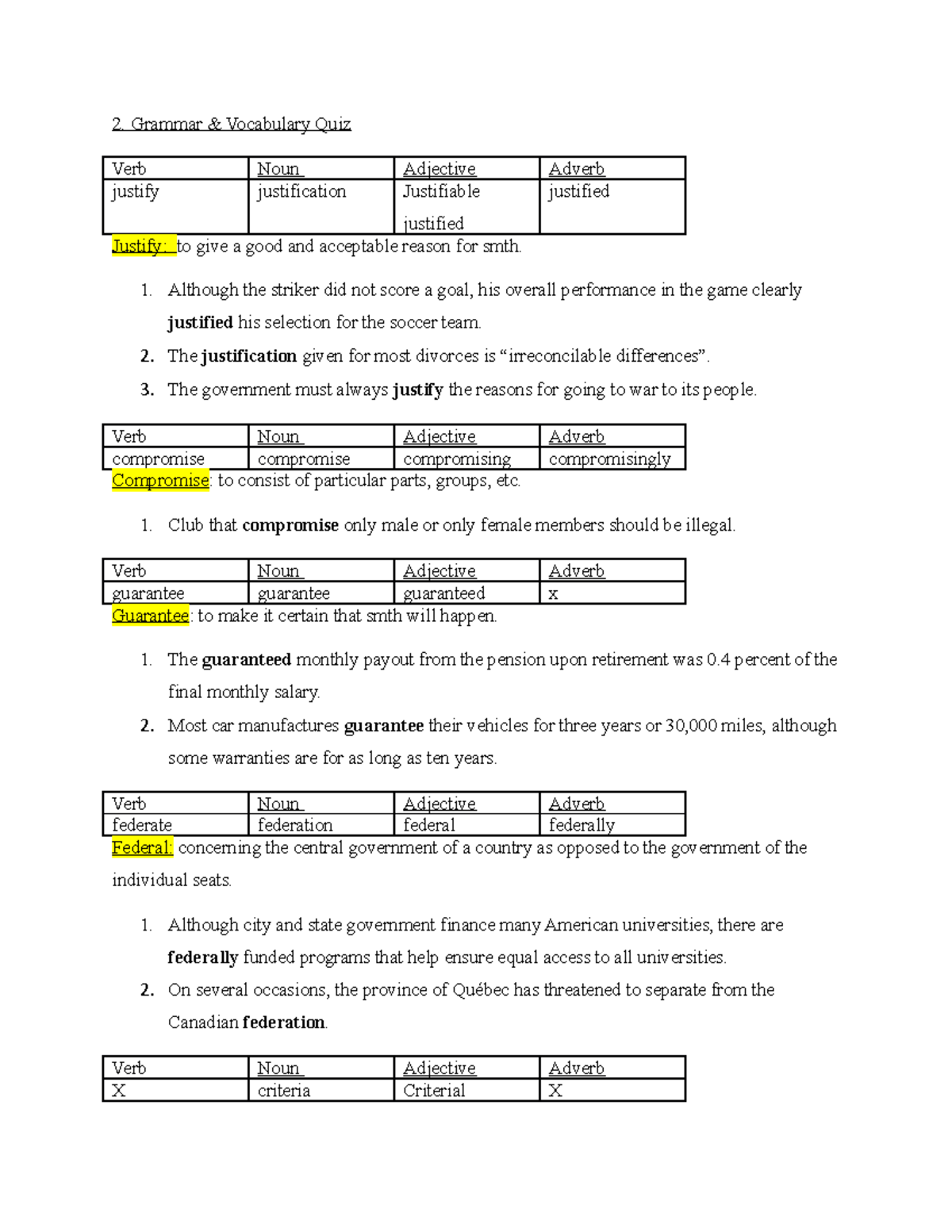 Grammar work notes Grammar & Vocabulary Quiz Verb Noun Adjective Adverb justify justification