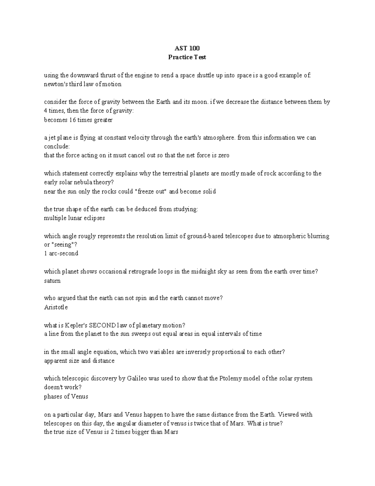 AST 100 Practice test - AST 100 Practice Test using the downward thrust ...