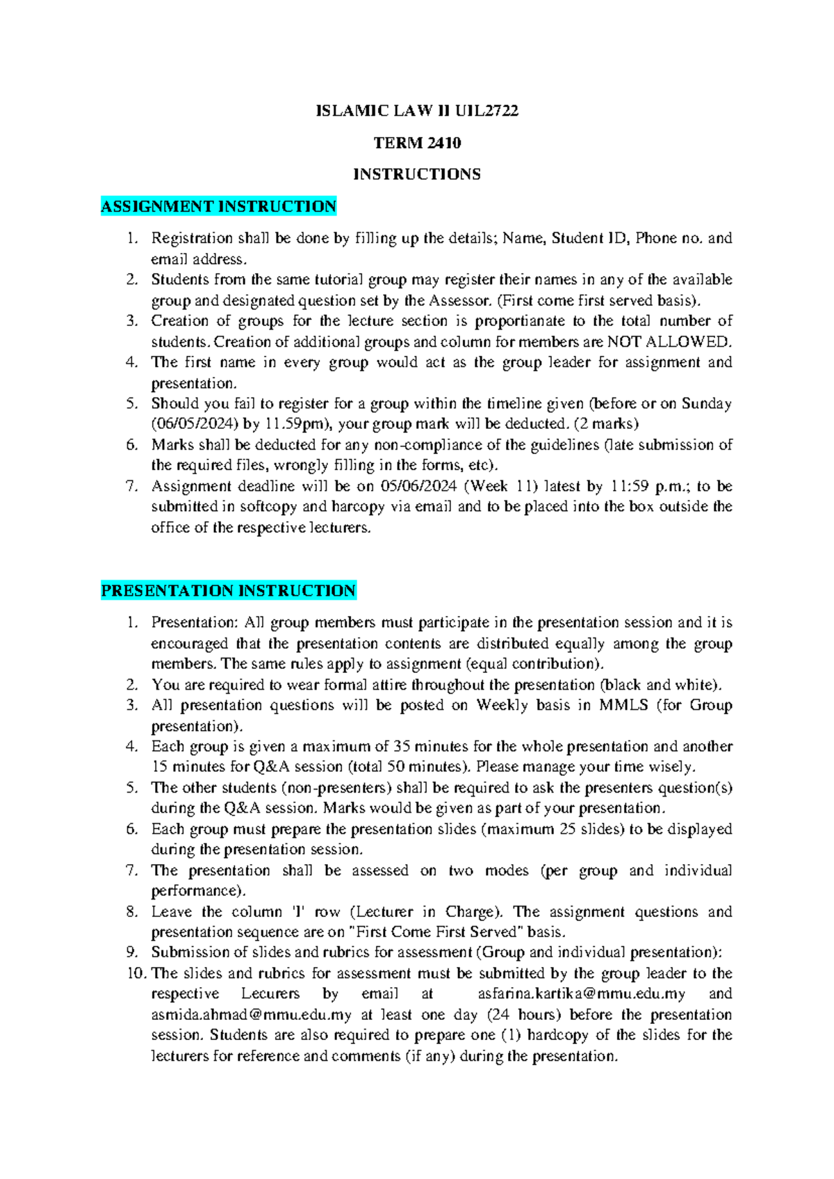 Instructions Islamic LAW II UIL2722 - ISLAMIC LAW II UIL27 22 TERM 2410 ...
