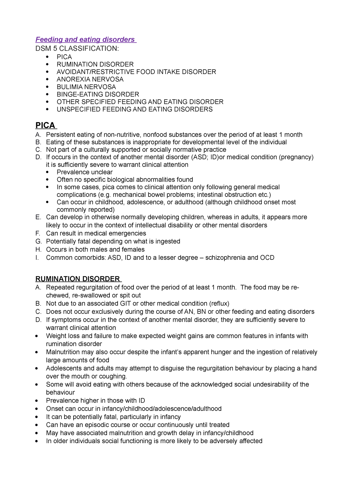 EDs - Summary of conditions - Feeding and eating disorders DSM 5 ...