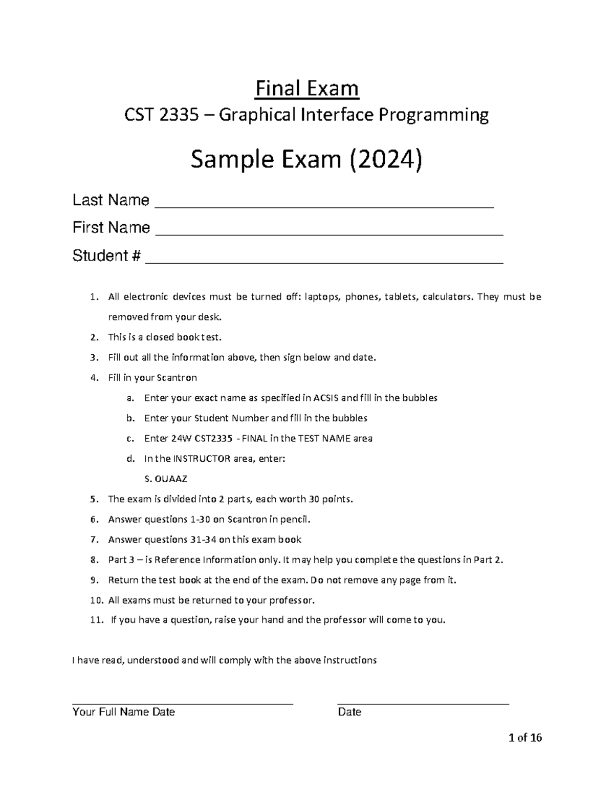 Sample Final Exam Winter 2024 Final Exam CST 2335 Graphical Interface Programming Sample