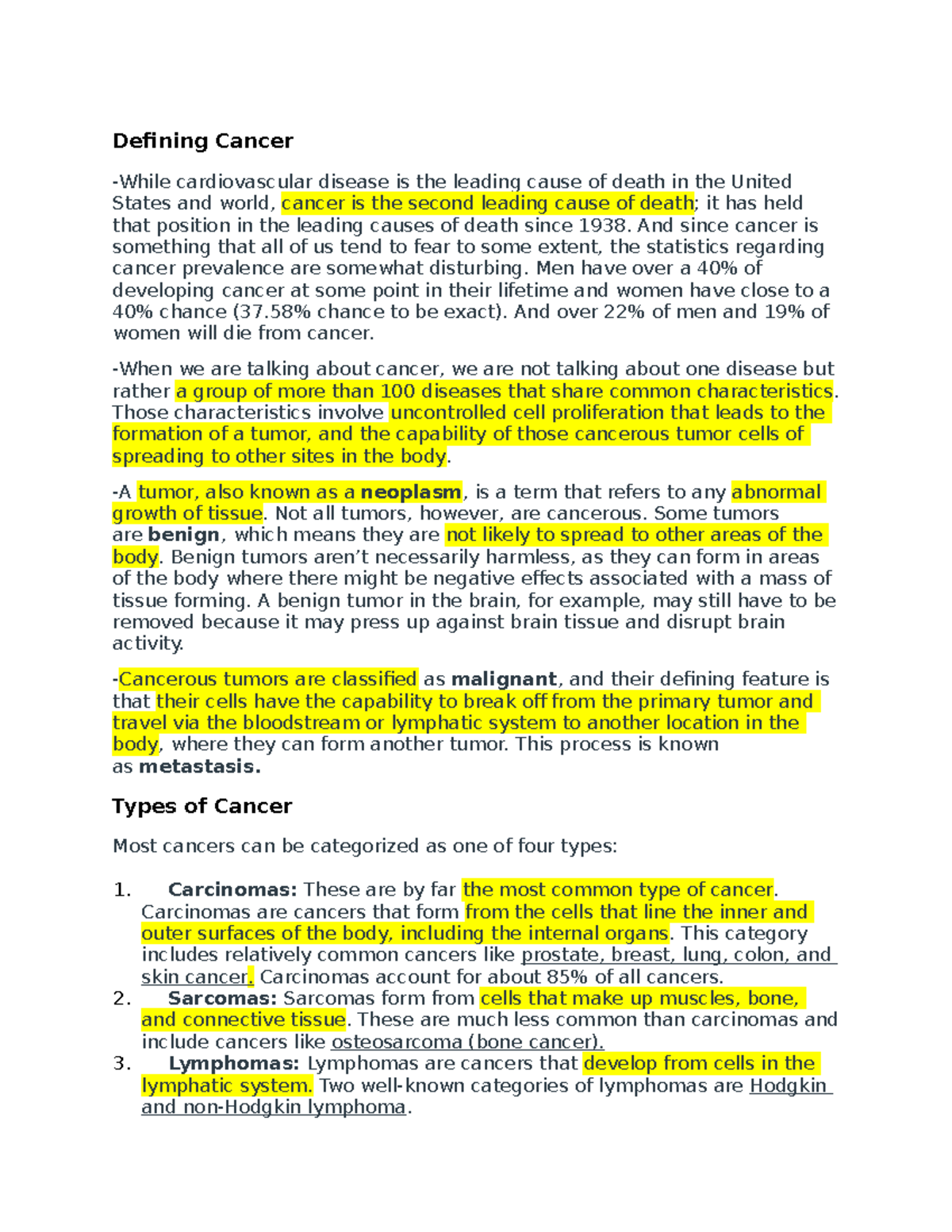 BBH 101 Cancer notes - Defining Cancer -While cardiovascular disease is ...