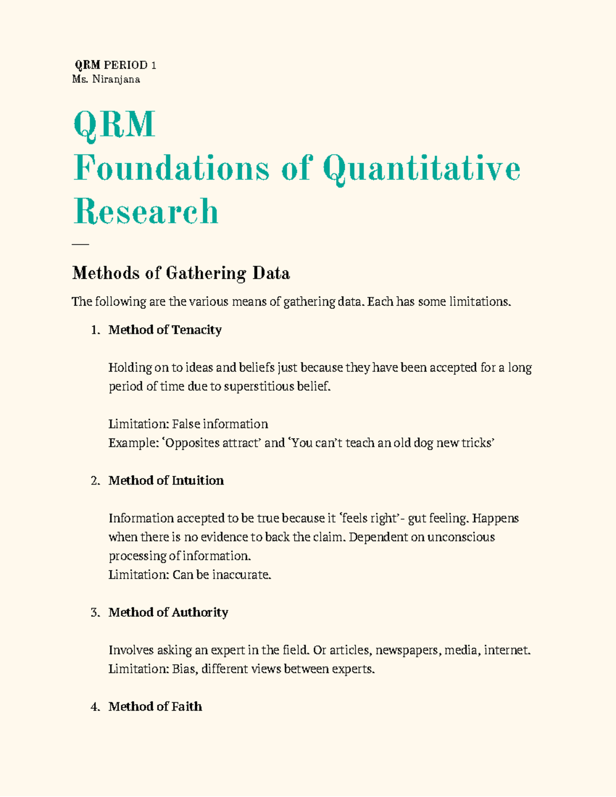 QRM Notes - QRM PERIOD 1 Ms. Niranjana QRM Foundations of Quantitative ...