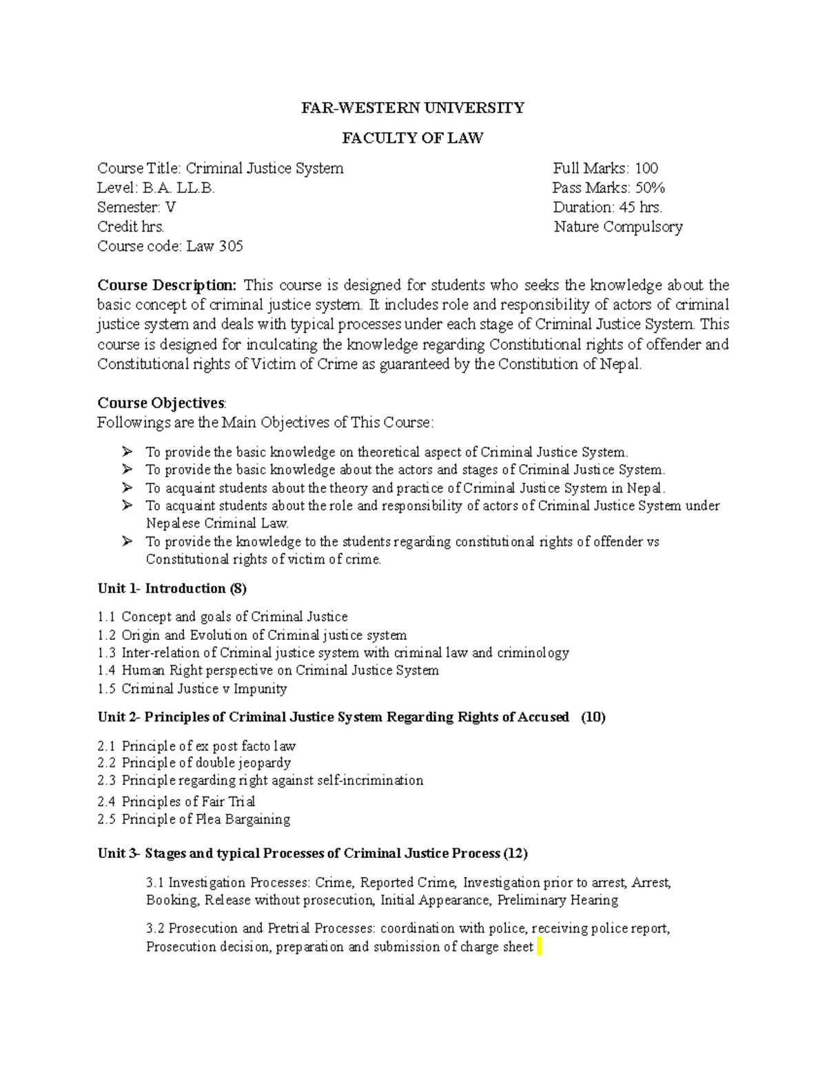 Criminal Justice System-1 - LL. Pass Marks: 50% Semester: V Duration ...