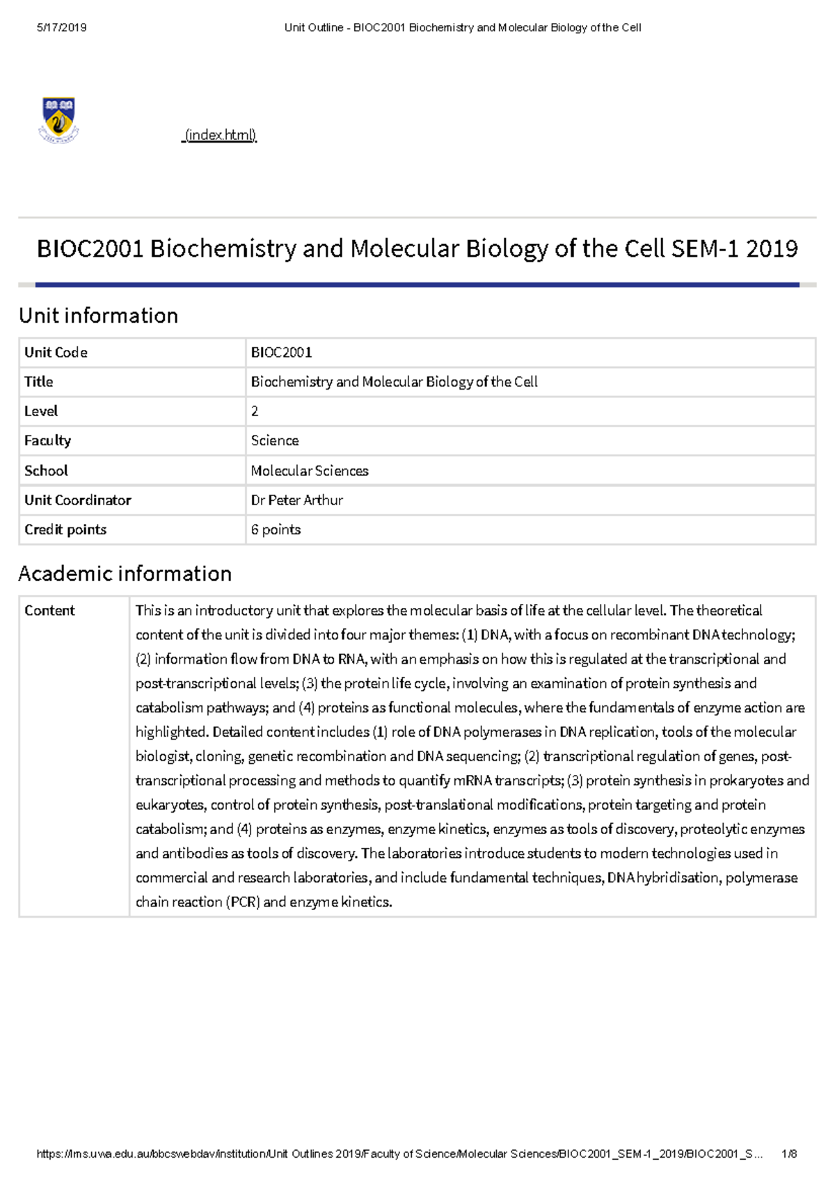 Unit Outline - BIOC2001 Biochemistry And Molecular Biology Of The Cell ...