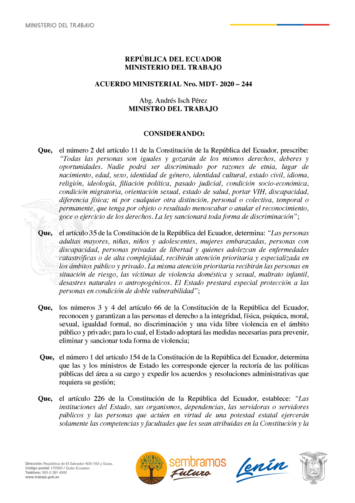 Acuerdo Ministerial Nro - REPÚBLICA DEL ECUADOR MINISTERIO DEL TRABAJO ...