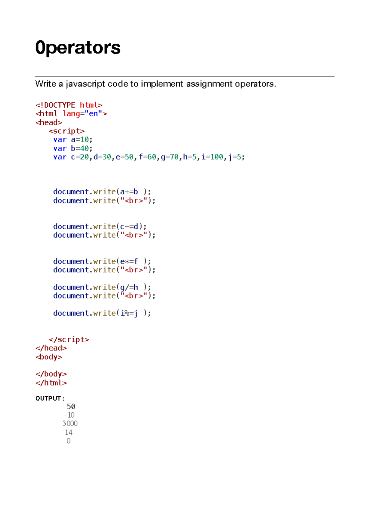 Unit-1 CSS - 0perators Write a javascript code to implement assignment ...