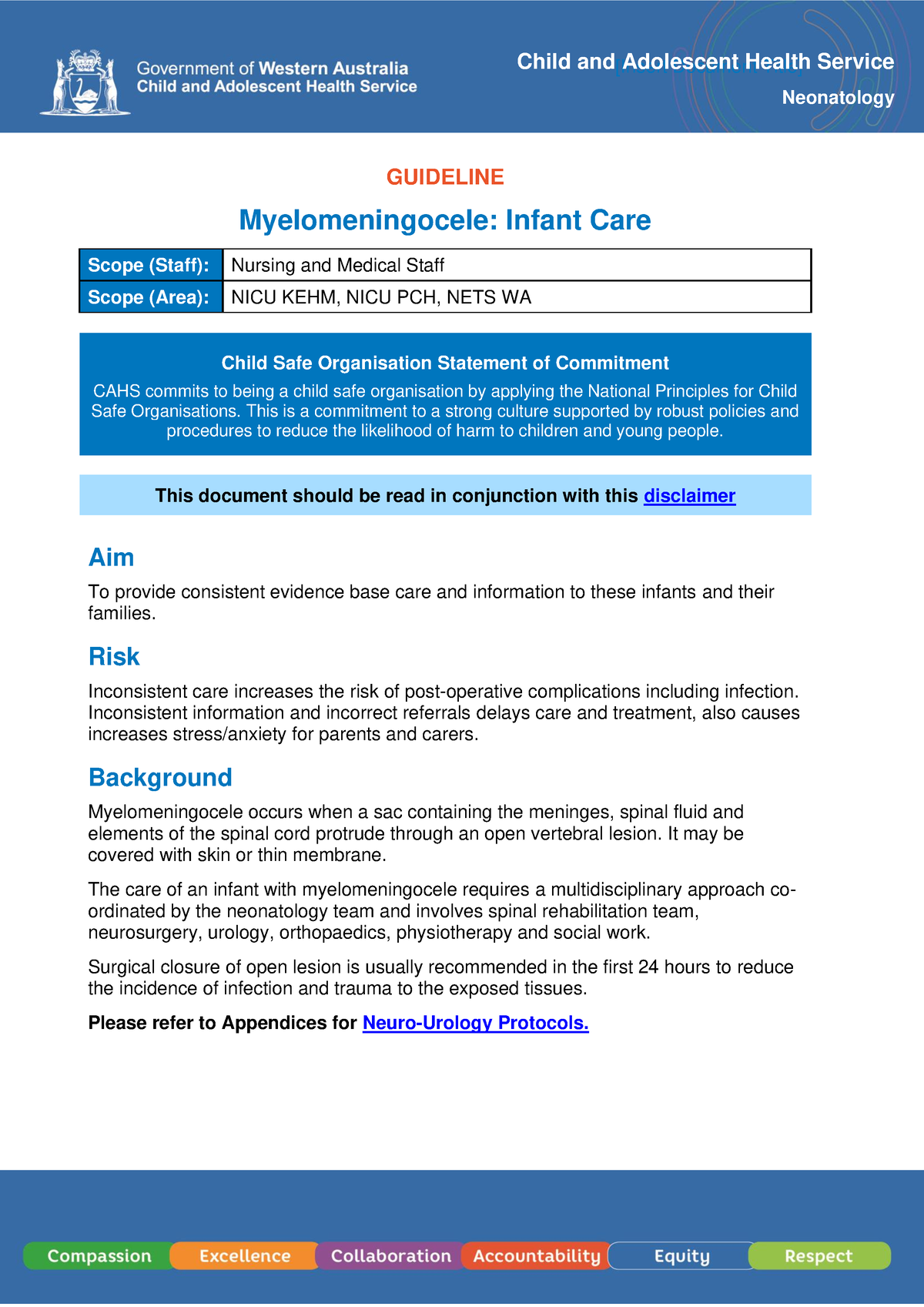 Myelomeningocele Infant Care - Child and Adolescent Health Service ...