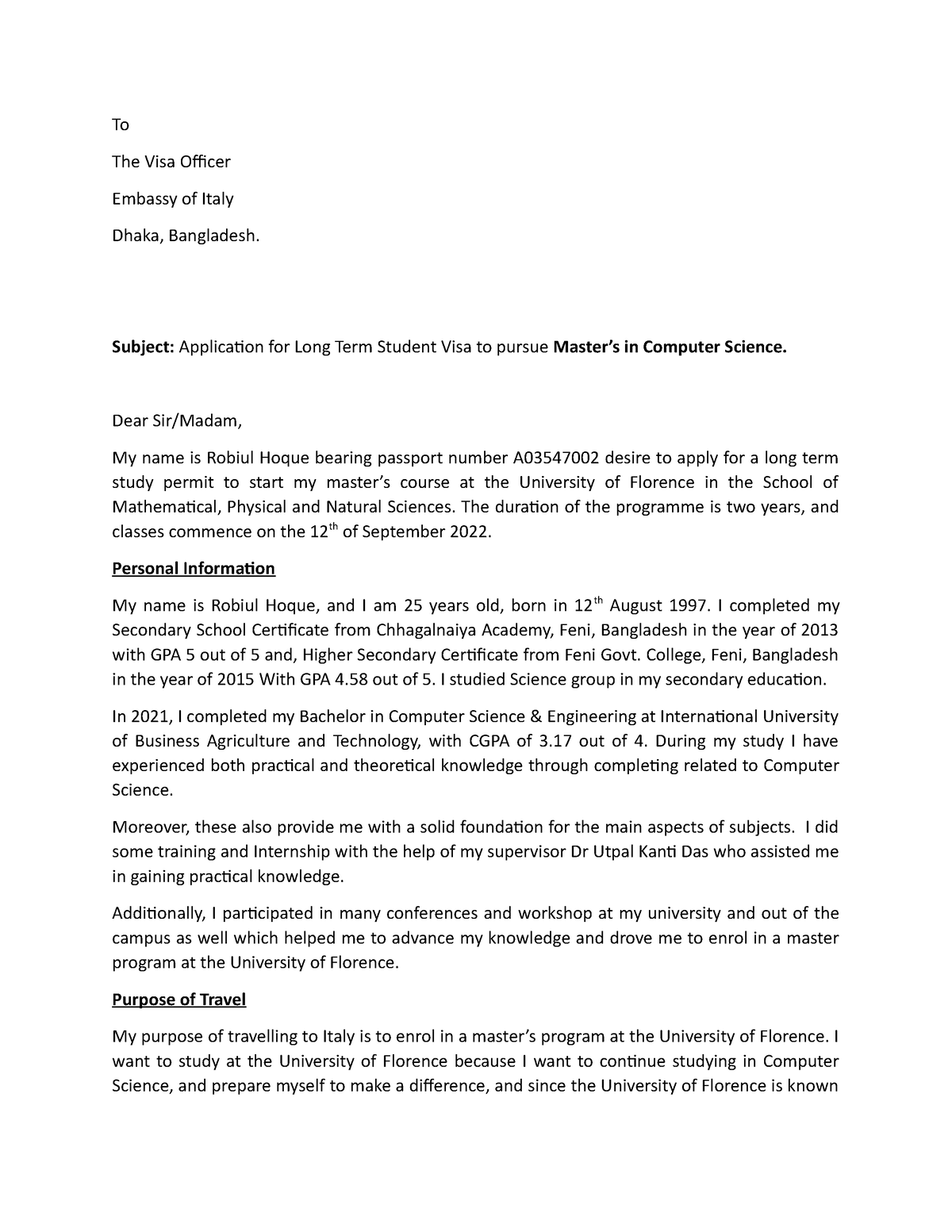 student visa application letter to embassy