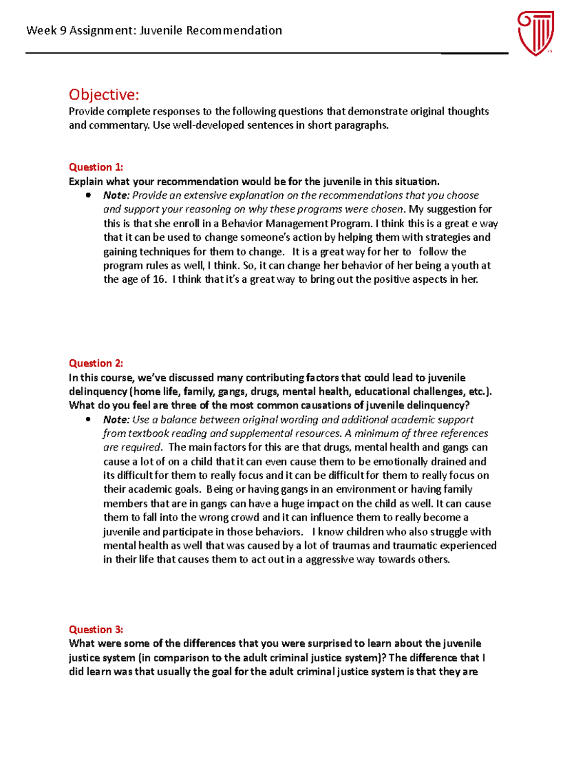 CRJ180 Wk9 Assignment Template - Week 9 Assignment: Juvenile ...