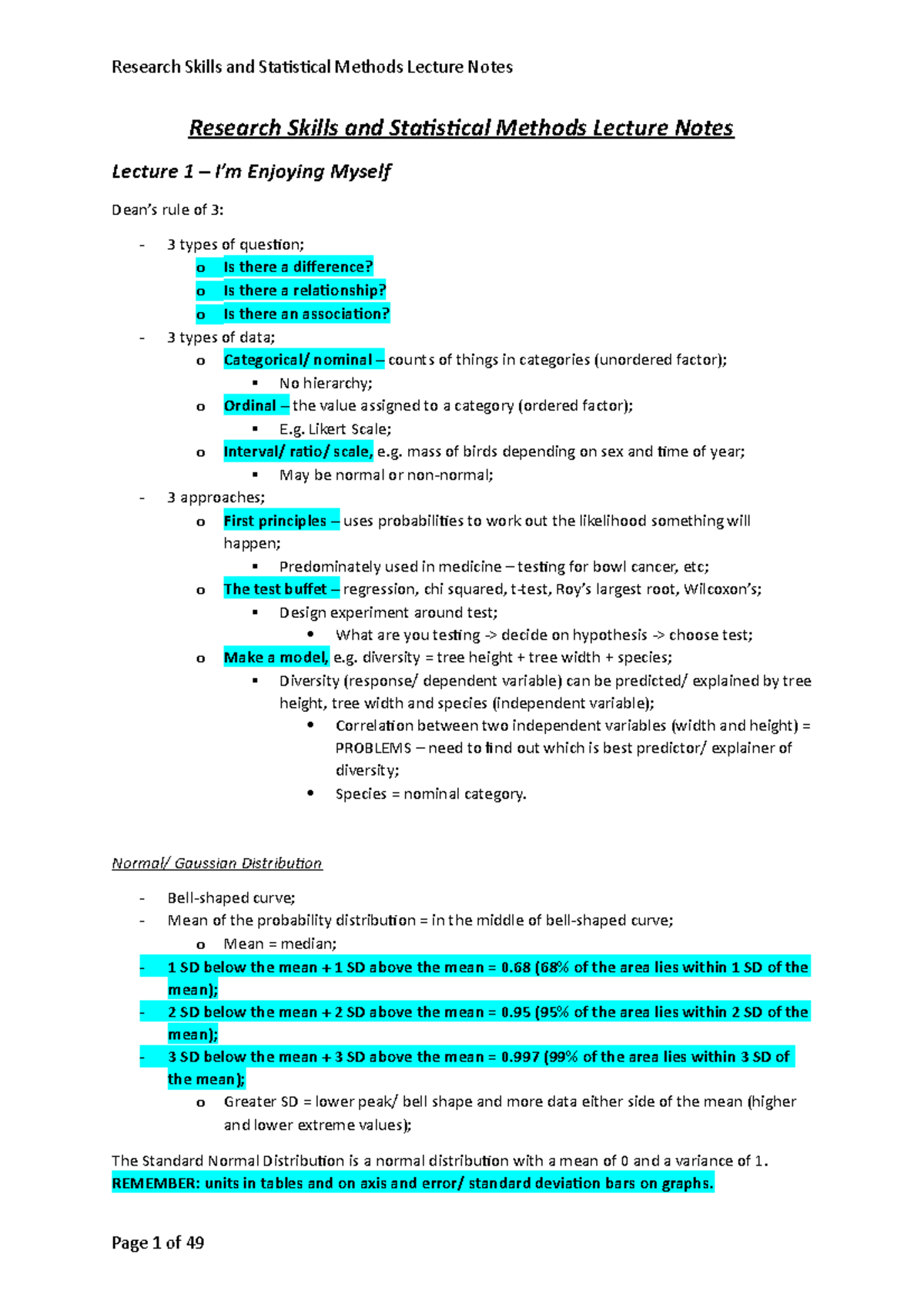 Lecture Notes - Autumn Term - Research Skills And Statistical Methods ...