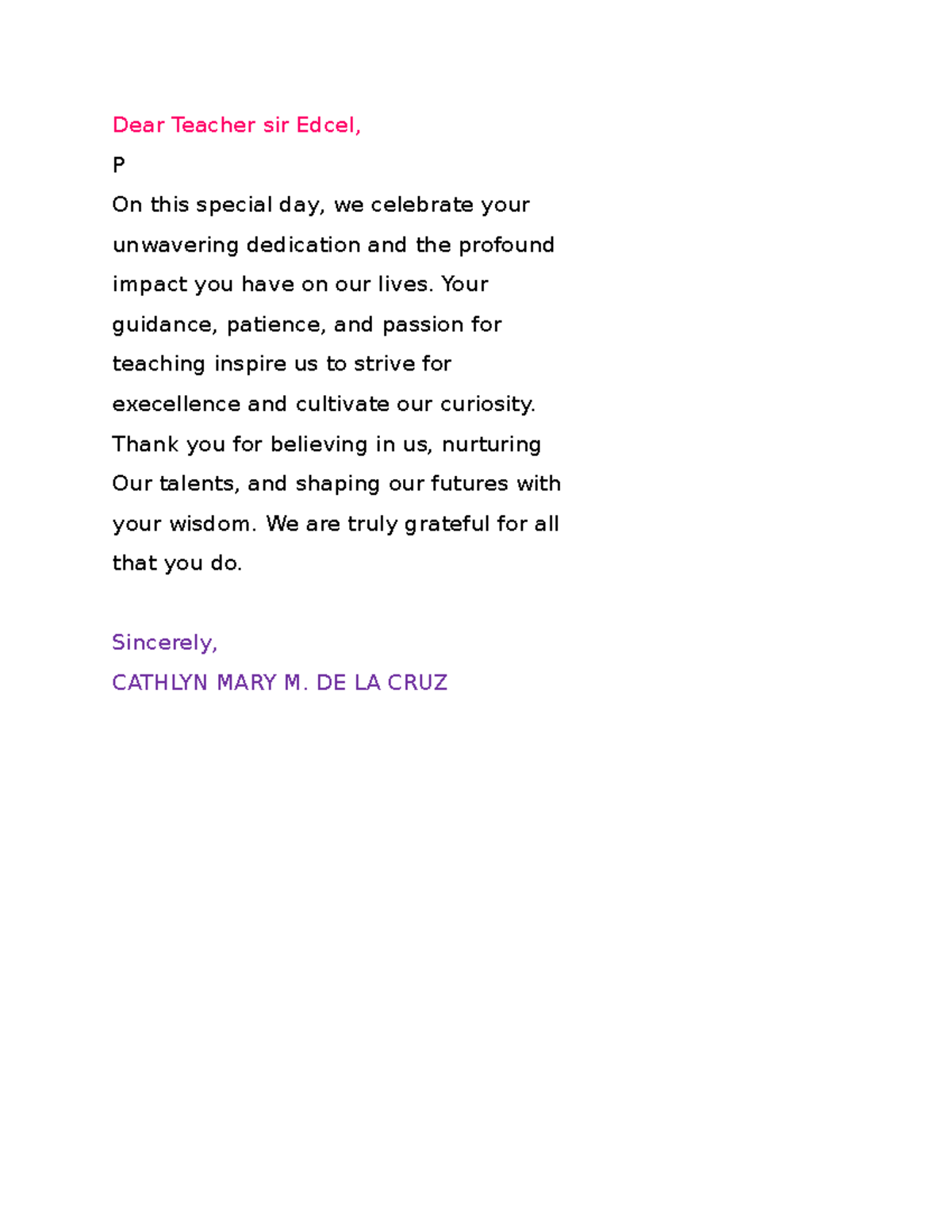 Dear Teacher sir Edcel - a simple letter - Introduction to Education ...