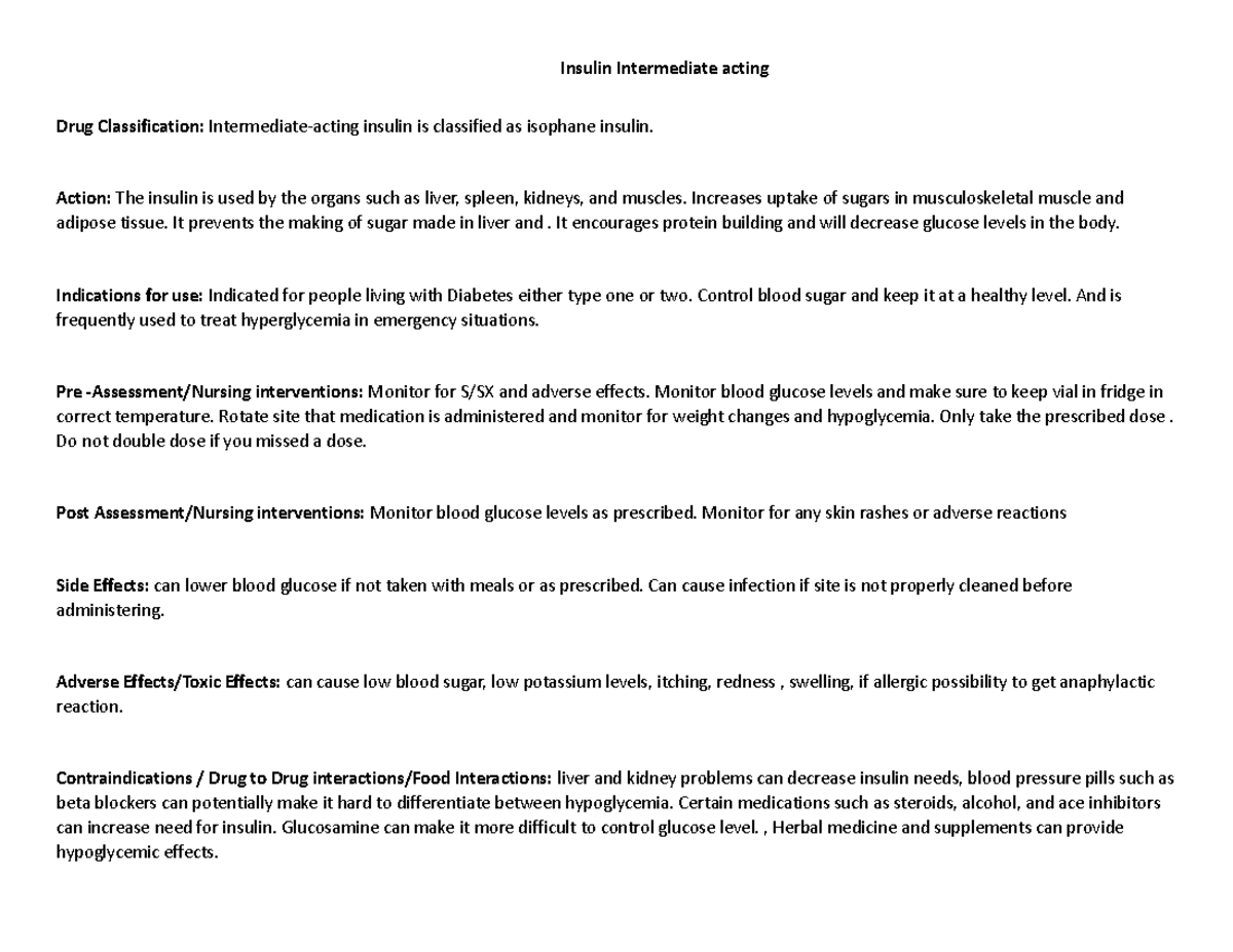 Insulin Drug card Insulin Intermediate acting Drug Classification