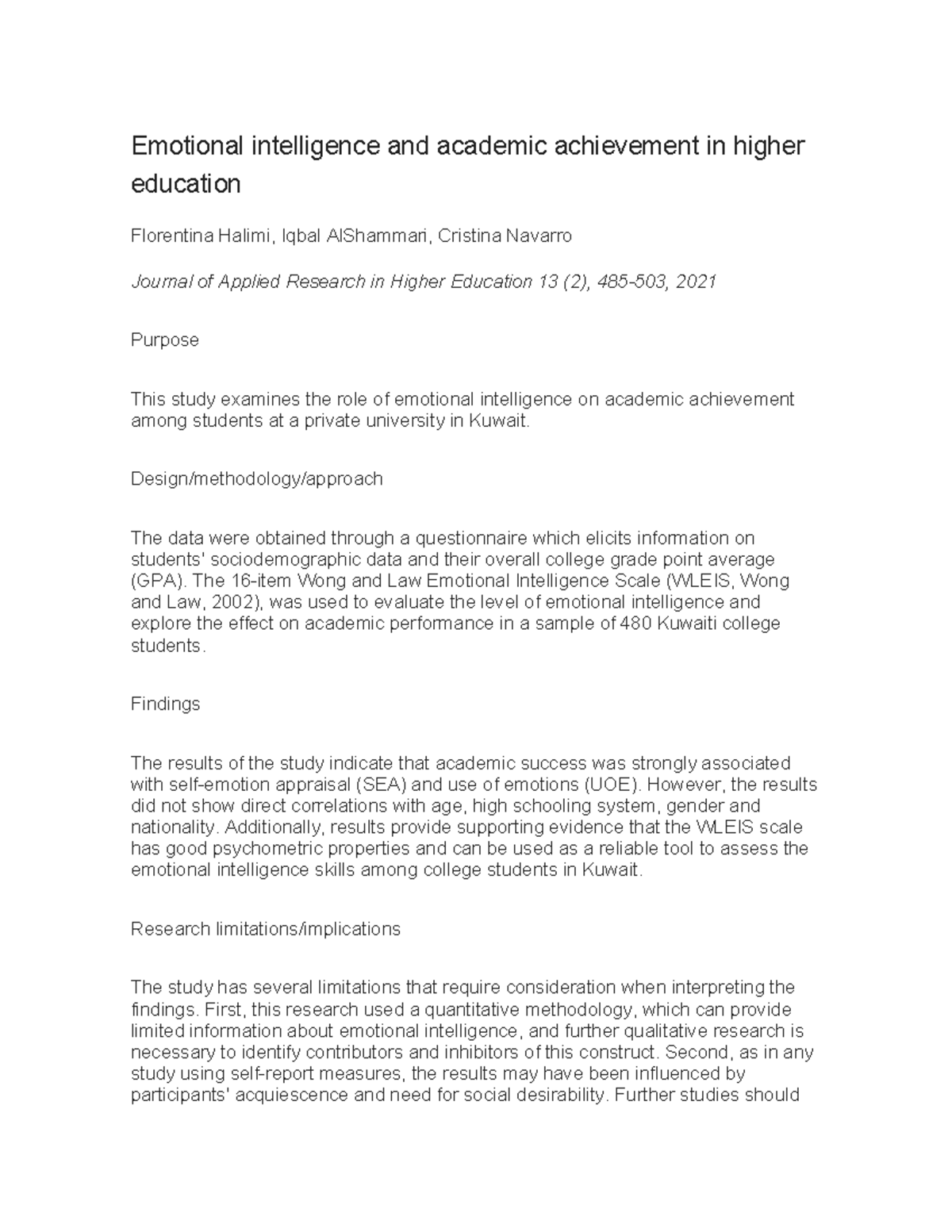 The impact of emotional intelligence element on academic achievement ...