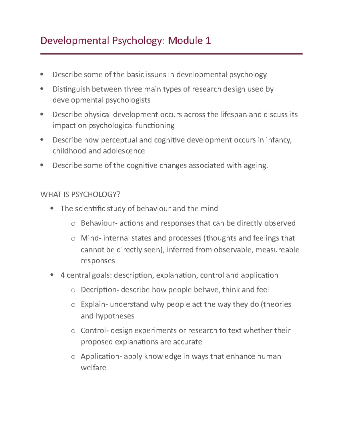 Notes Intro to Psych Developmental Psychology Module 1 Describe